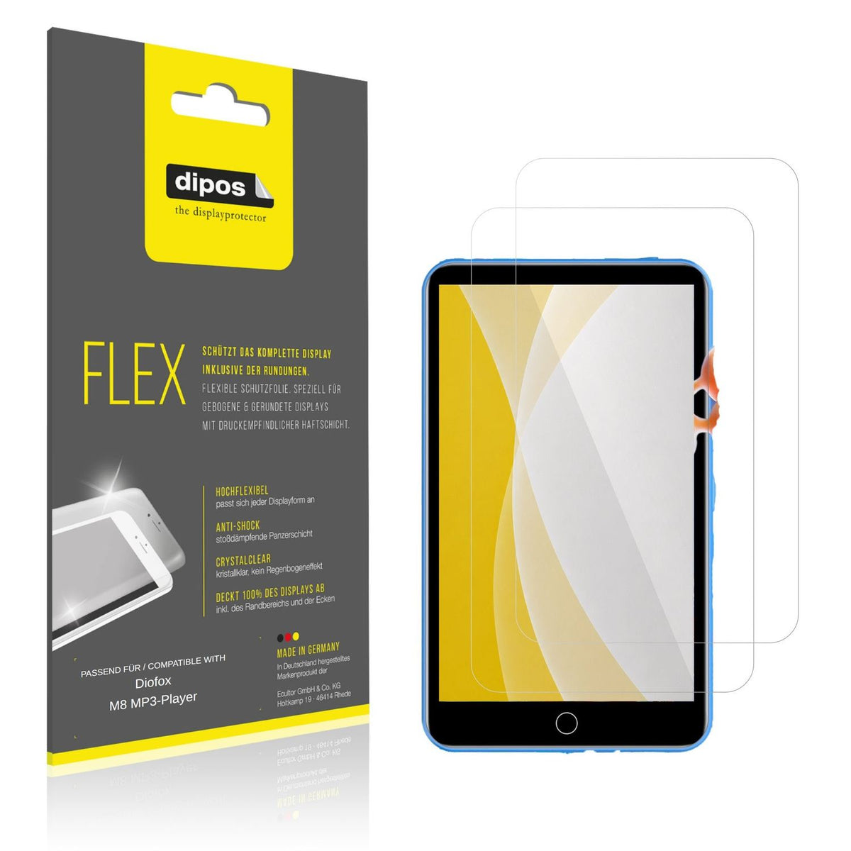 Klare Displayschutzfolie von dipos passend für Diofox M8 MP3-Player, 100% Displayabdeckung und blasenfreie Montage