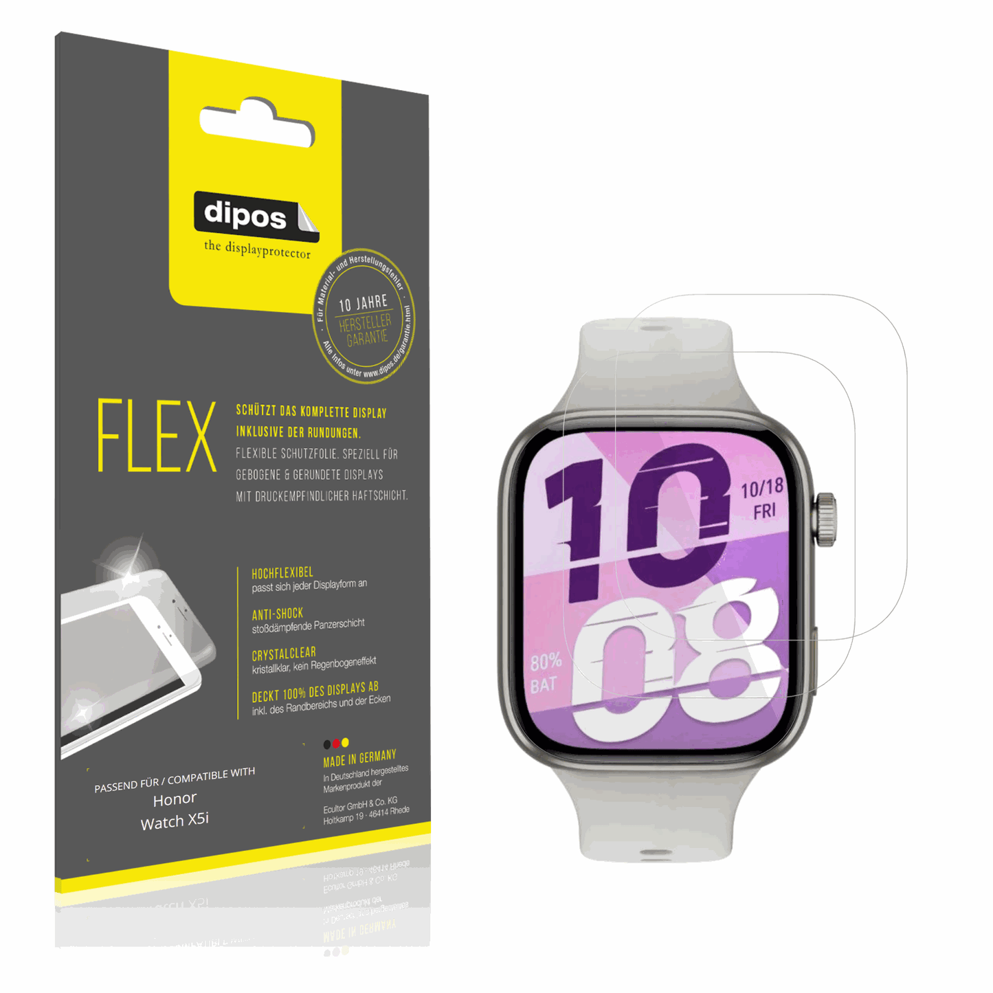 Klare Displayschutzfolie von dipos passend für Honor Watch X5i, 100% Displayabdeckung und blasenfreie Montage