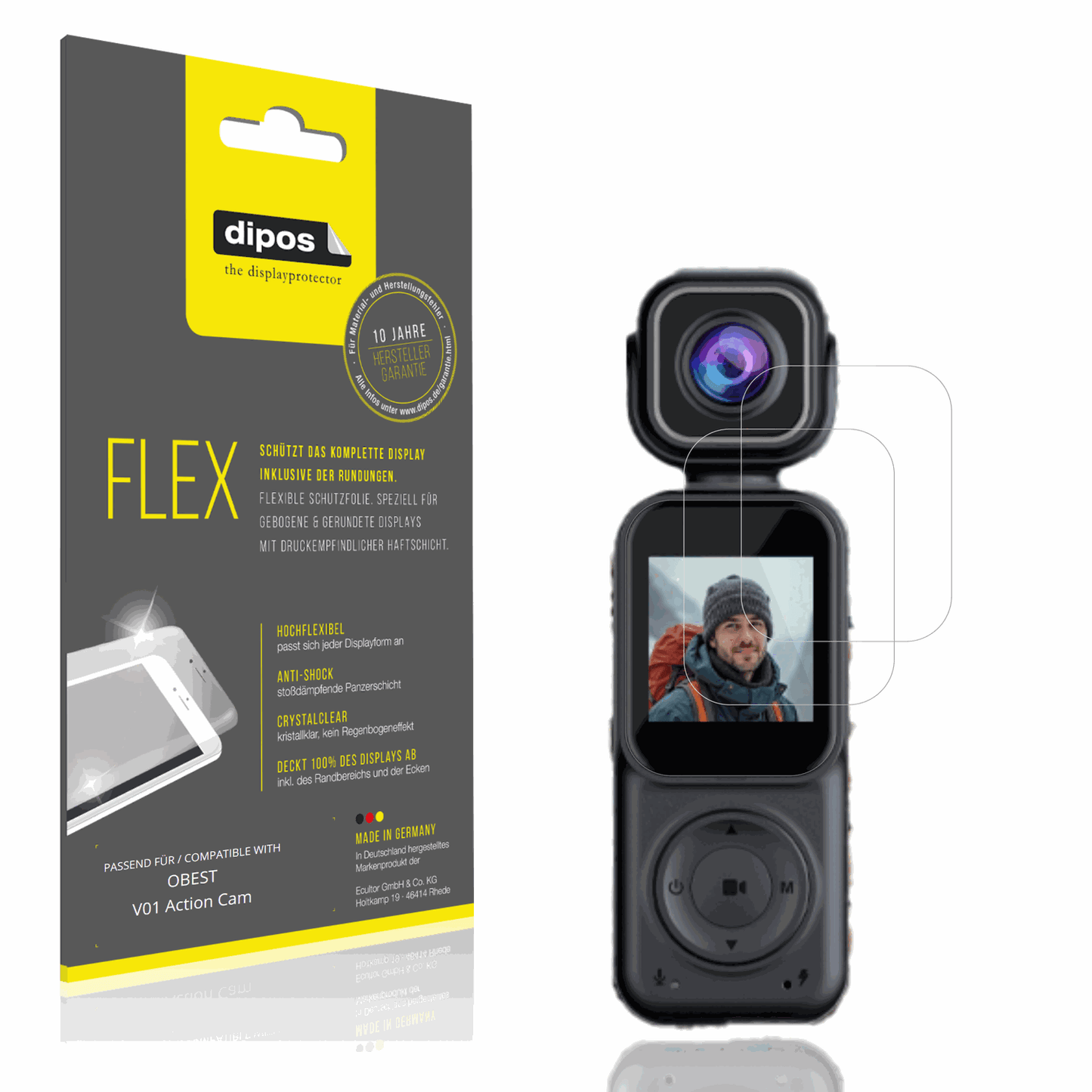 Klare Displayschutzfolie von dipos passend für OBEST V01 Action Cam, 100% Displayabdeckung und blasenfreie Montage