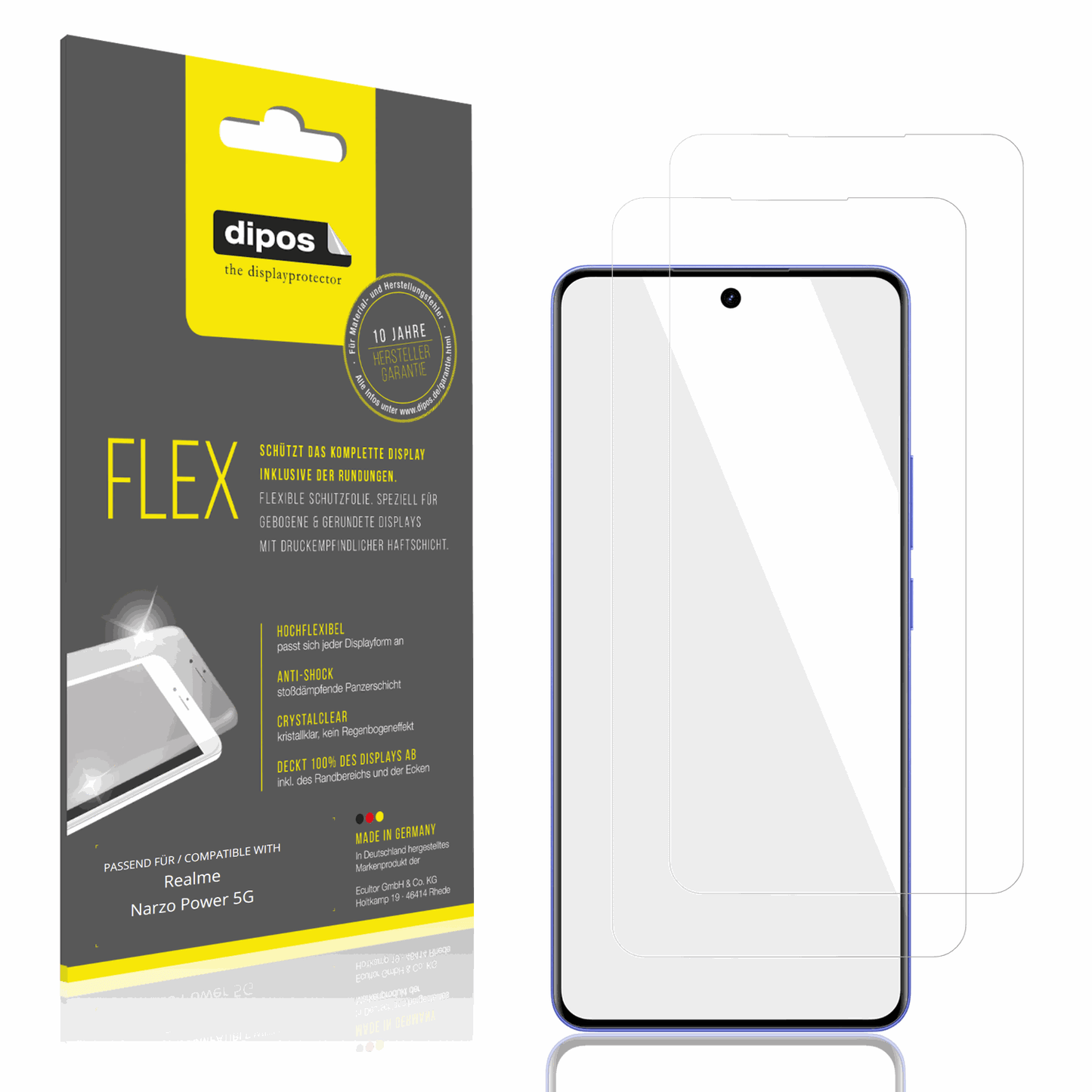 Klare Displayschutzfolie von dipos passend für Realme Narzo Power 5G, 100% Displayabdeckung und blasenfreie Montage