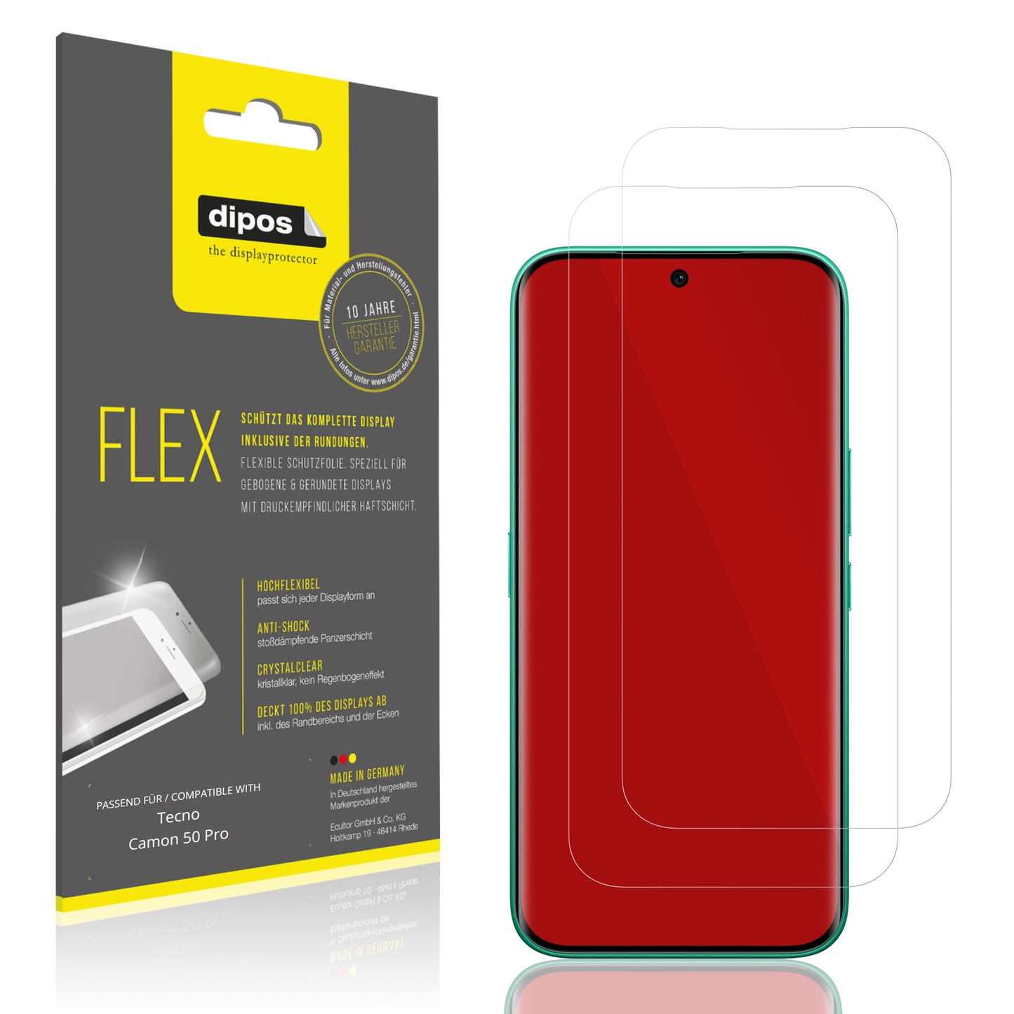 Klare Displayschutzfolie von dipos passend für Tecno Camon 50 Pro, 100% Displayabdeckung und blasenfreie Montage