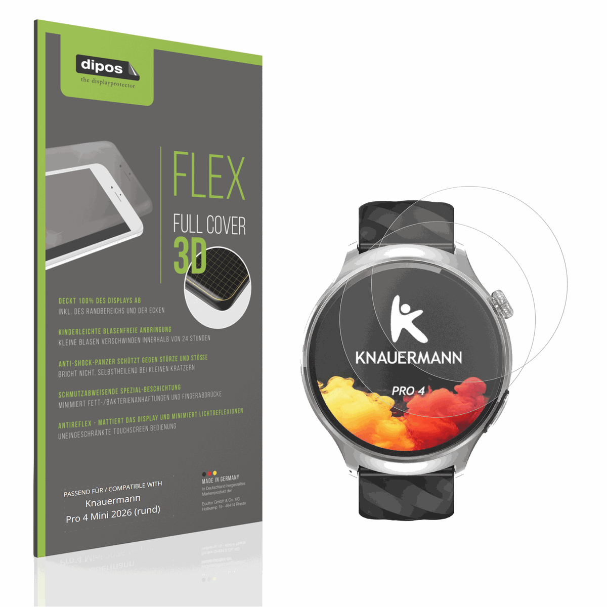 Matte Displayschutzfolie von dipos passend für Knauermann Pro 4 Mini 2026 (rund), 100% Displayabdeckung und blasenfreie Montage