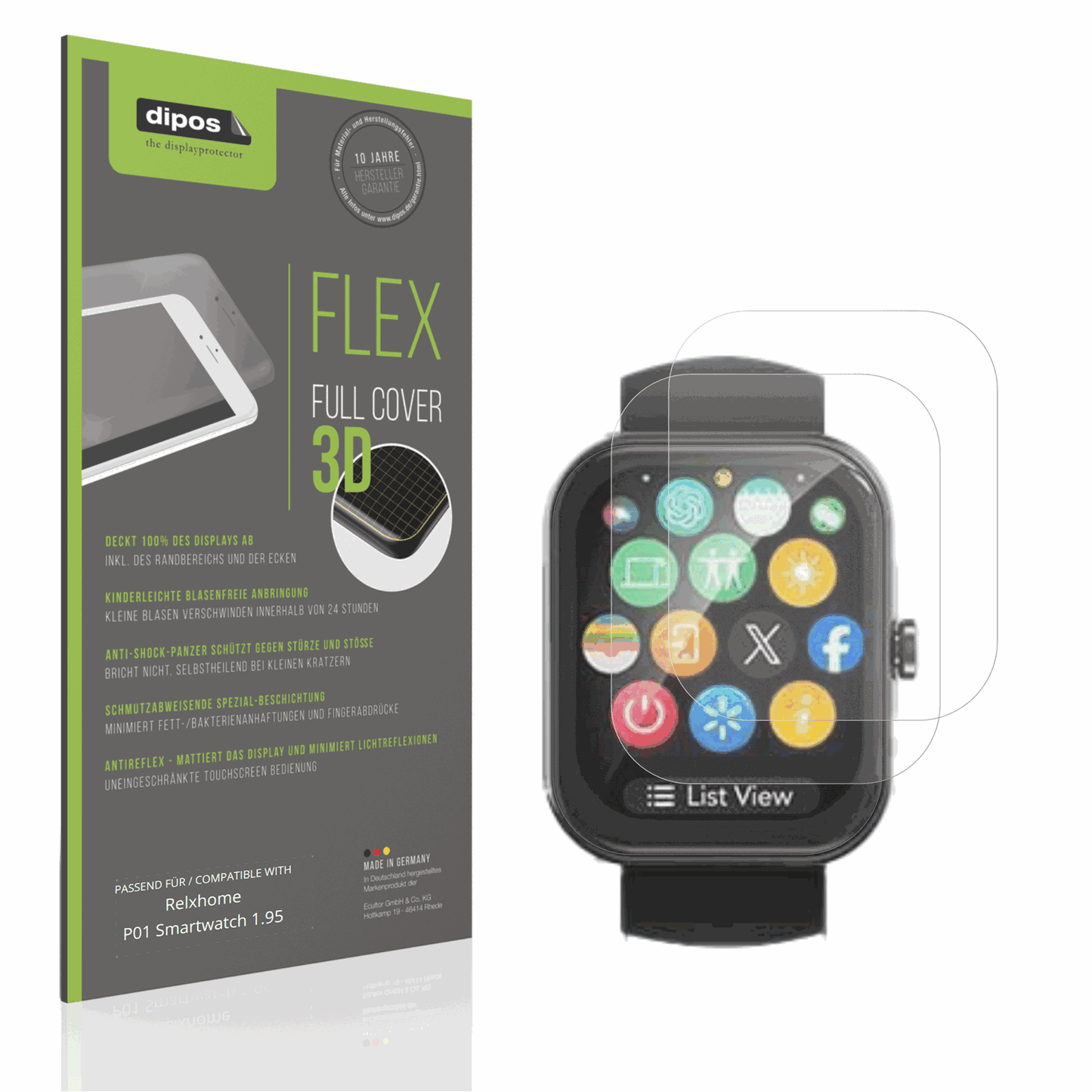 Matte Displayschutzfolie von dipos passend für Relxhome P01 Smartwatch 1.95, 100% Displayabdeckung und blasenfreie Montage