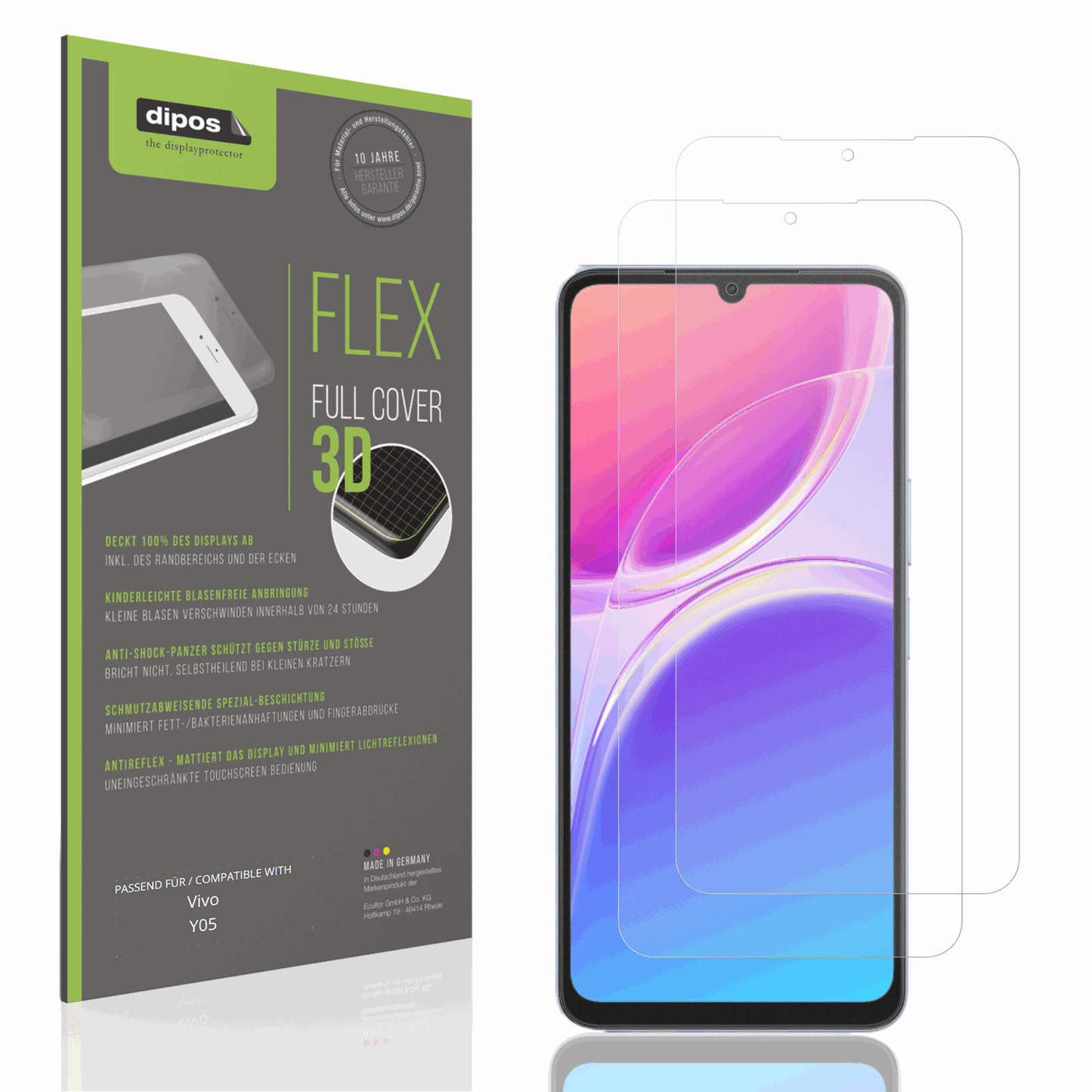 Matte Displayschutzfolie von dipos passend für Vivo Y05, 100% Displayabdeckung und blasenfreie Montage