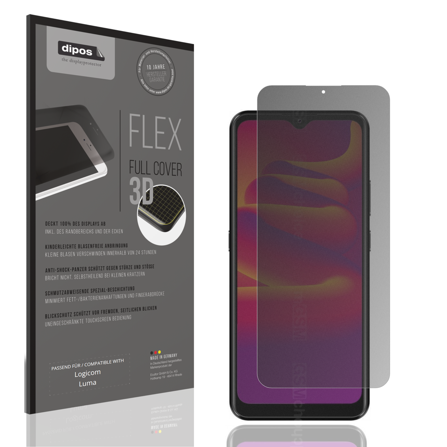 Blickschutzfolie von dipos passend für Logicom Luma, 100% Displayabdeckung und blasenfreie Montage