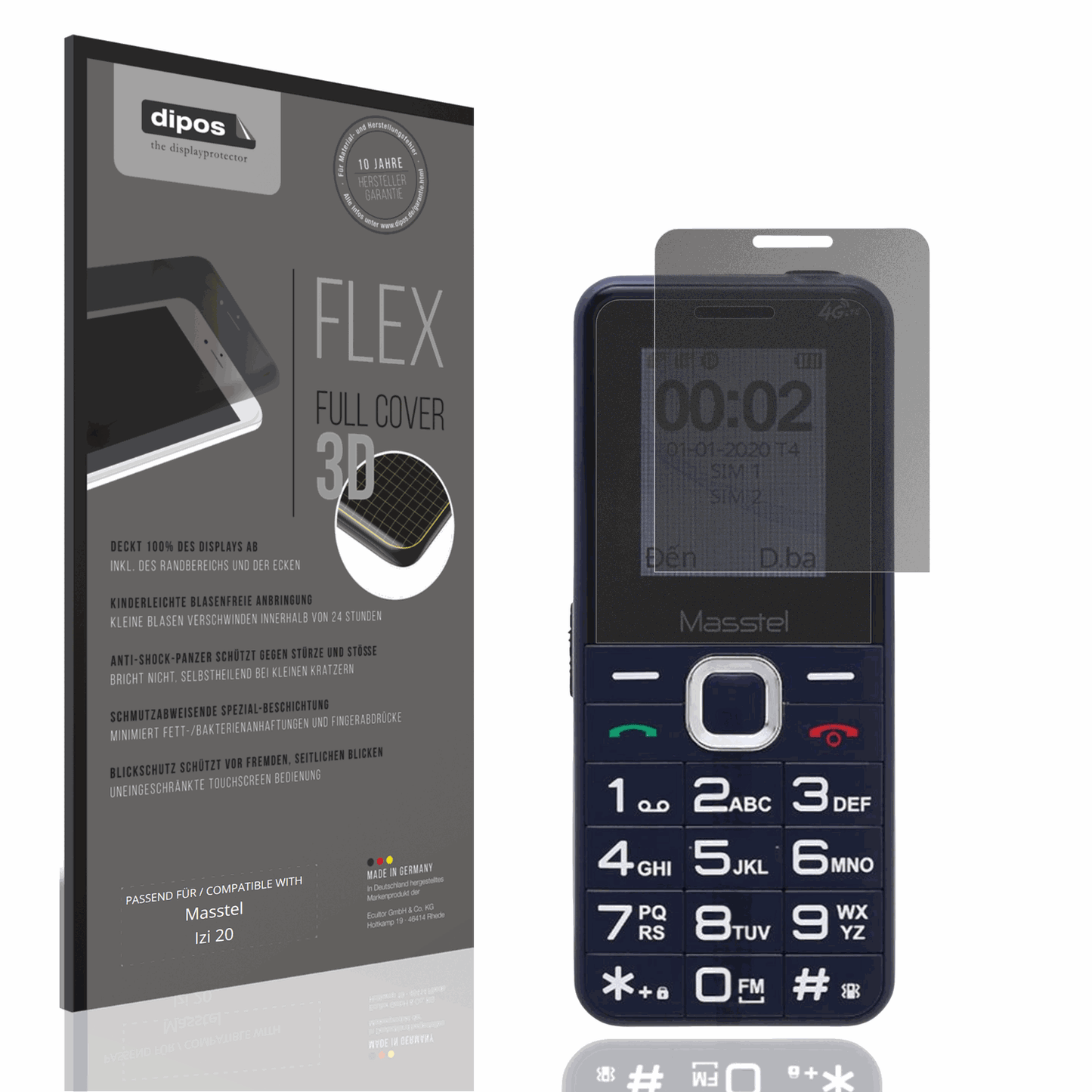Blickschutzfolie von dipos passend für Masstel Izi 20, 100% Displayabdeckung und blasenfreie Montage
