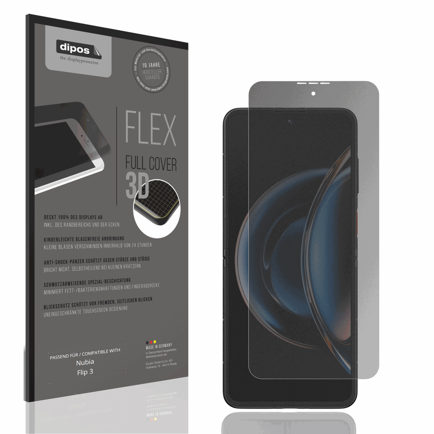 Blickschutzfolie von dipos passend f�r Nubia Flip 3 Innenseite, 100% Displayabdeckung und blasenfreie Montage