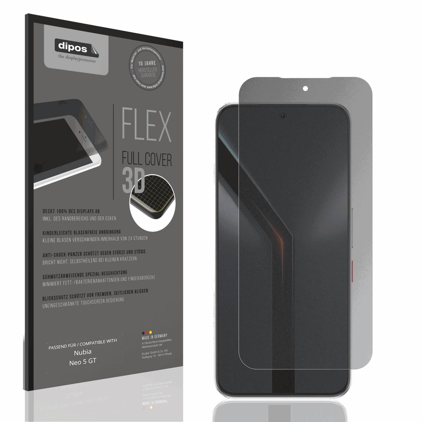 Blickschutzfolie von dipos passend für Nubia Neo 5 GT, 100% Displayabdeckung und blasenfreie Montage