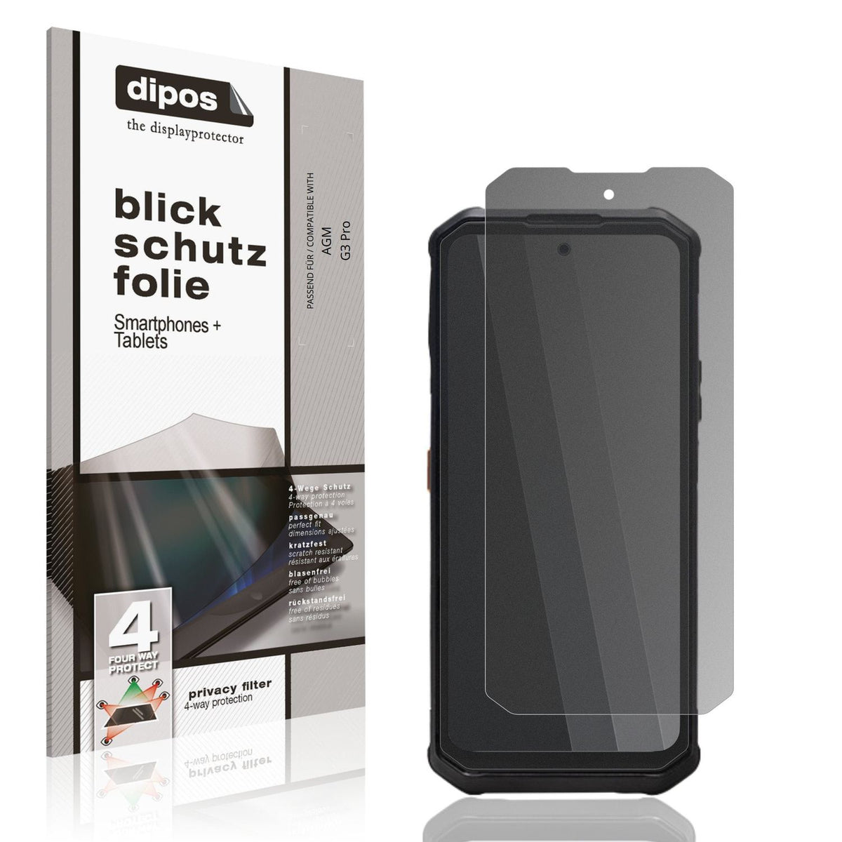 Blickschutzfolie von dipos passend für AGM G3 Pro, präziser Zuschnitt und blasenfrei montiert