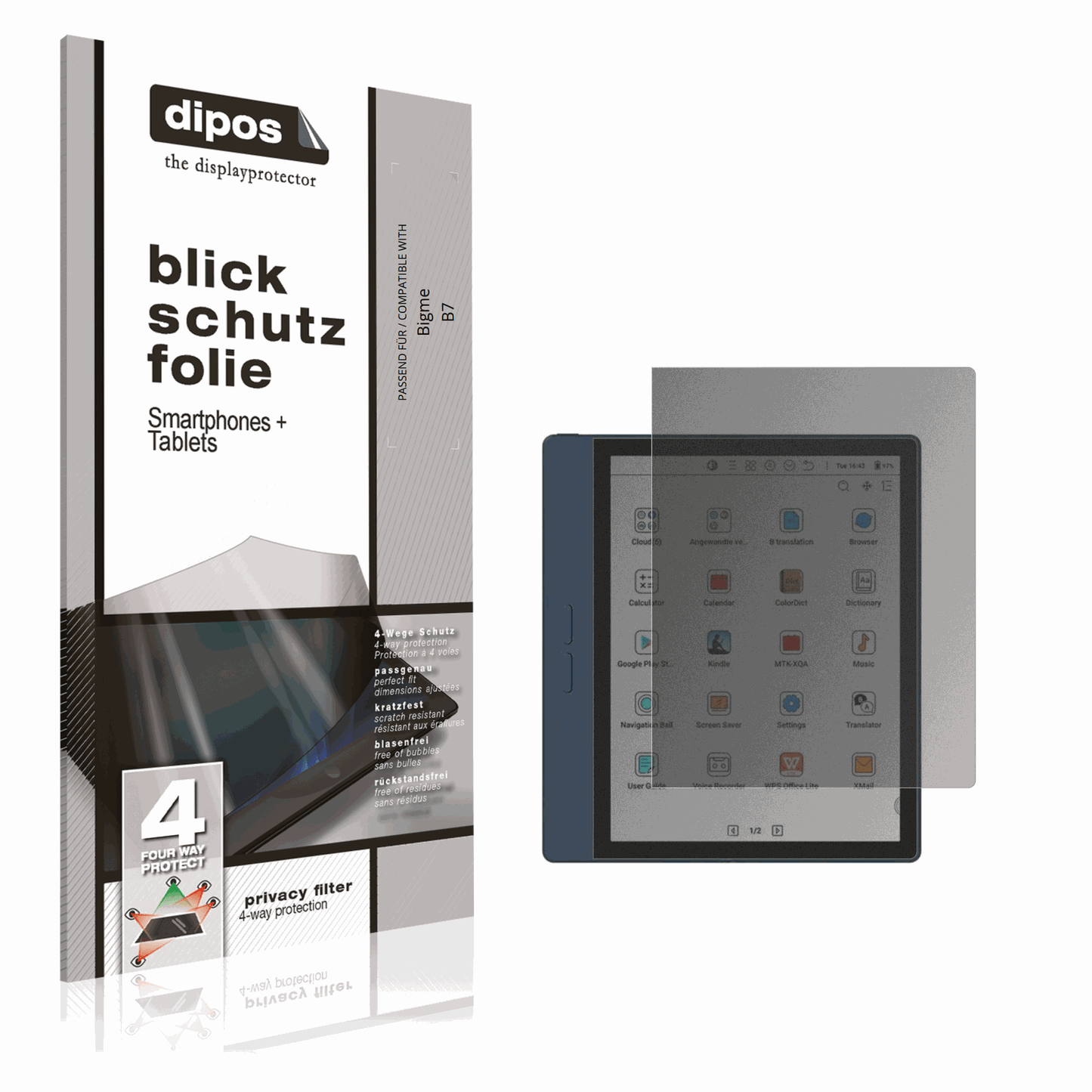 Blickschutzfolie von dipos passend für Bigme B7, präziser Zuschnitt und blasenfrei montiert