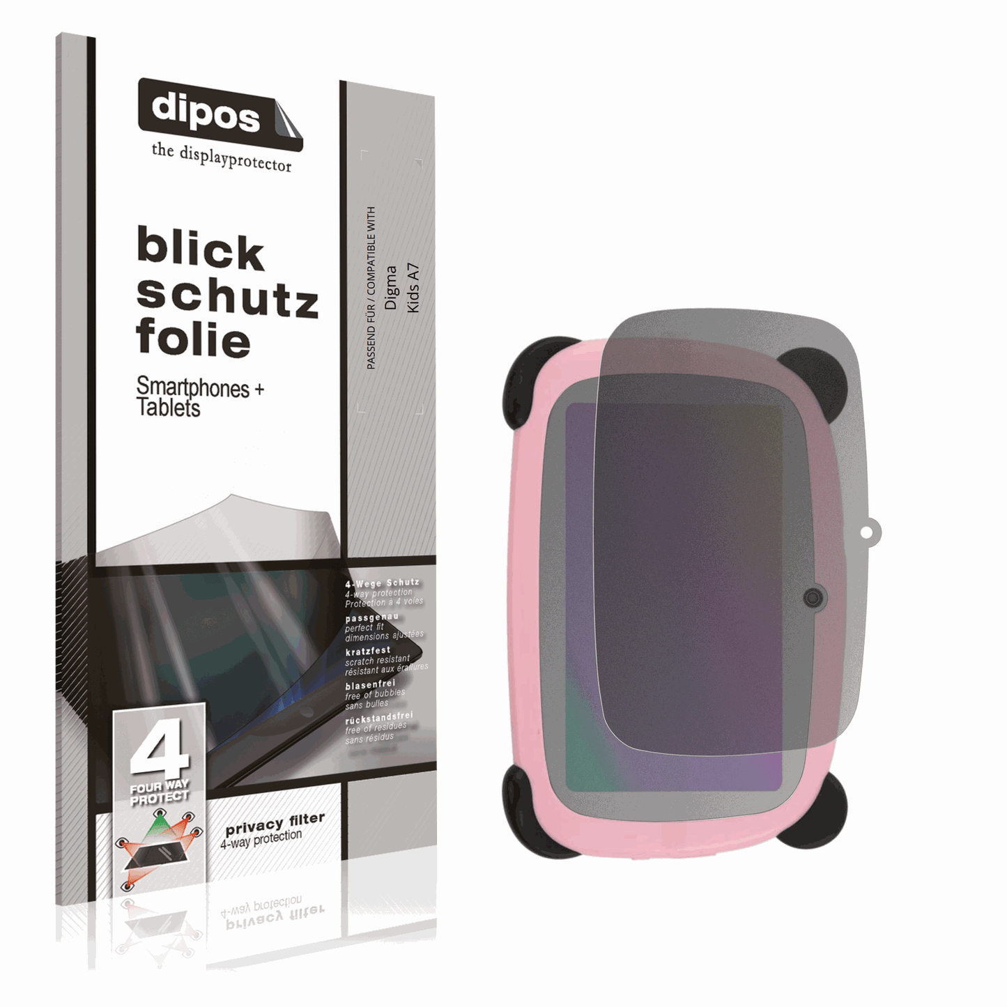 Blickschutzfolie von dipos passend für Digma Kids A7, präziser Zuschnitt und blasenfrei montiert