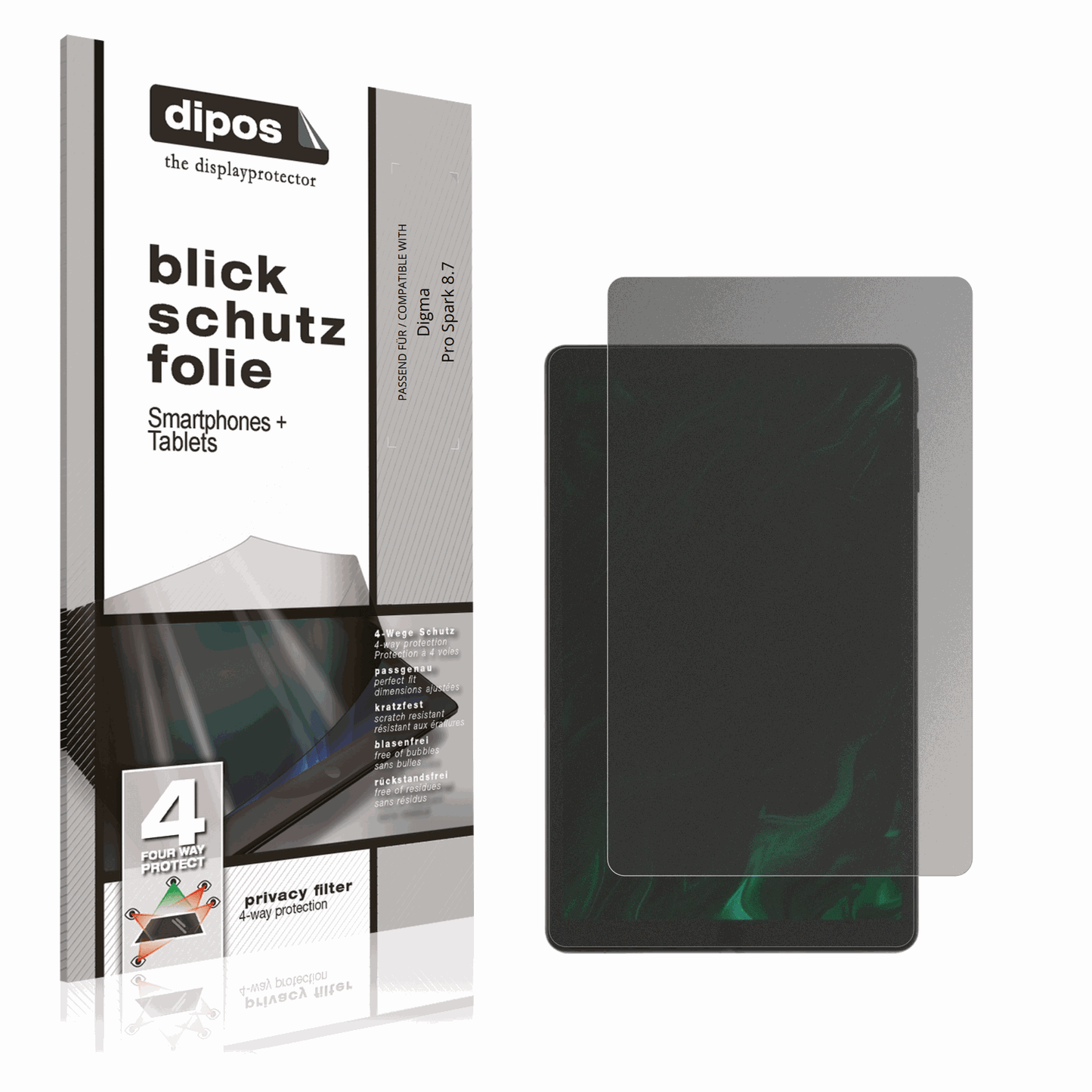 Blickschutzfolie von dipos passend für Digma Pro Spark 8.7, präziser Zuschnitt und blasenfrei montiert