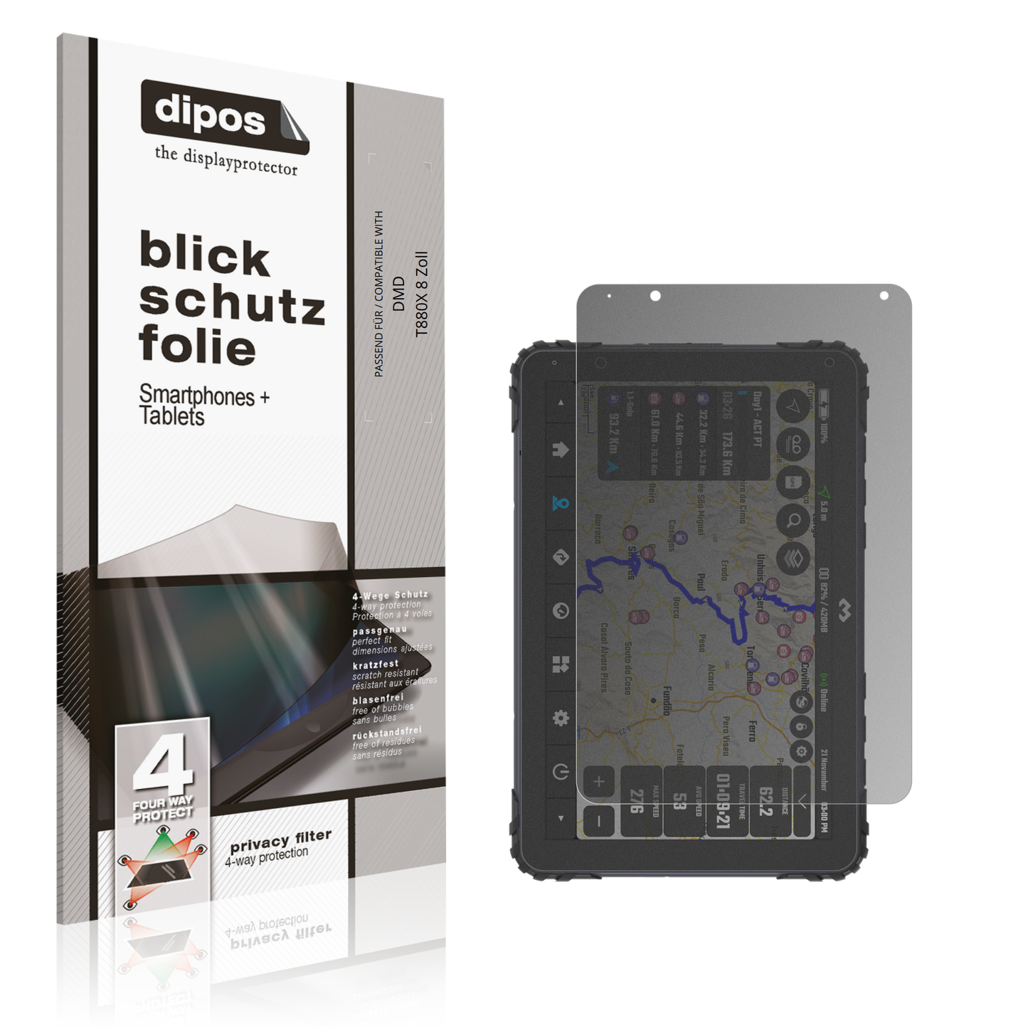 Blickschutzfolie von dipos passend für DMD T880X 8 Zoll, präziser Zuschnitt und blasenfrei montiert