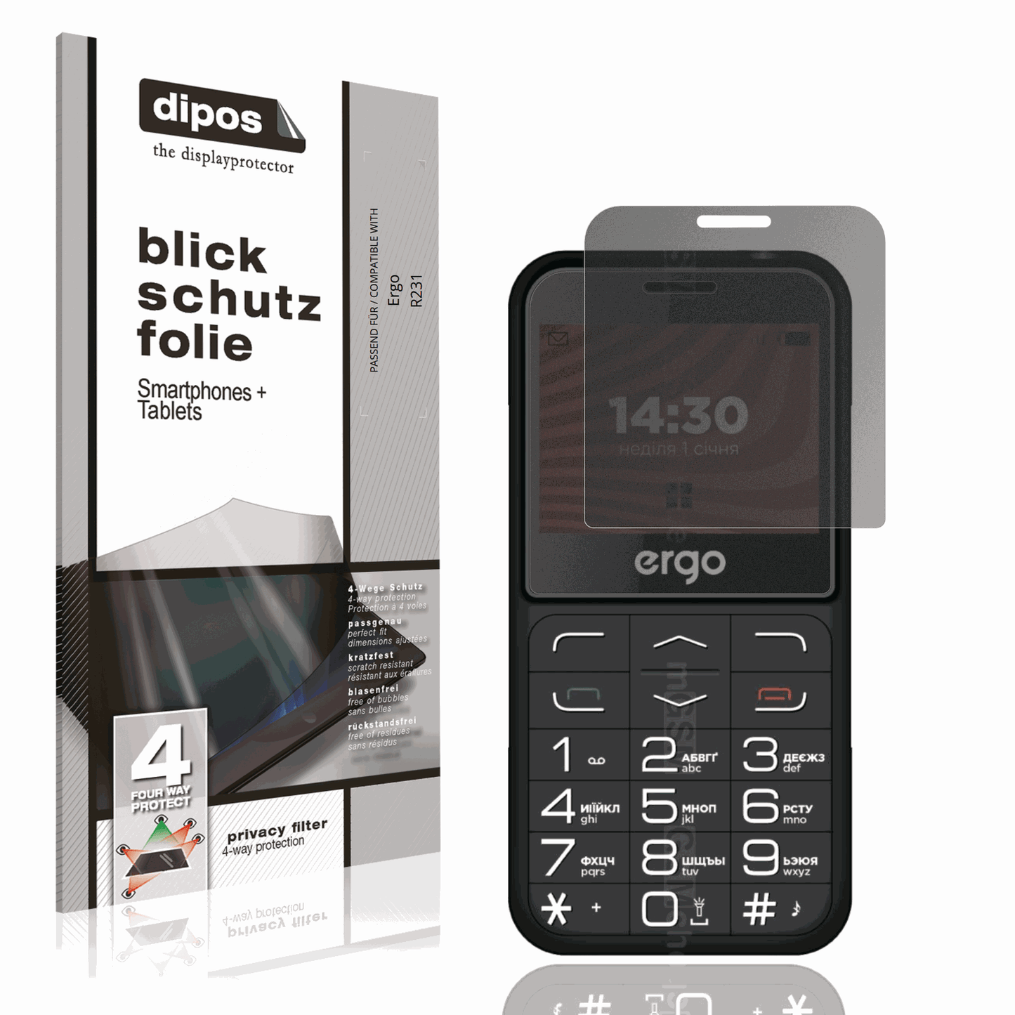 Blickschutzfolie von dipos passend für Ergo R231, präziser Zuschnitt und blasenfrei montiert