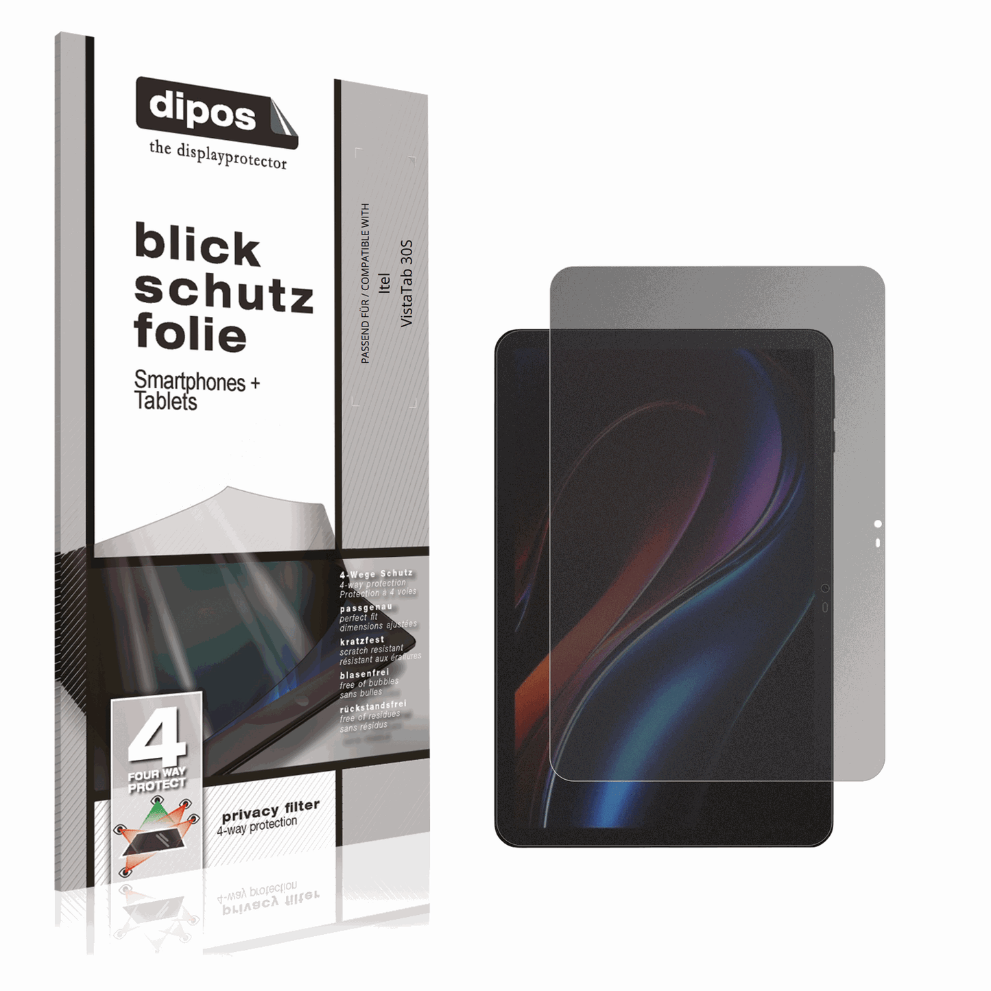 Blickschutzfolie von dipos passend für Itel VistaTab 30S, präziser Zuschnitt und blasenfrei montiert