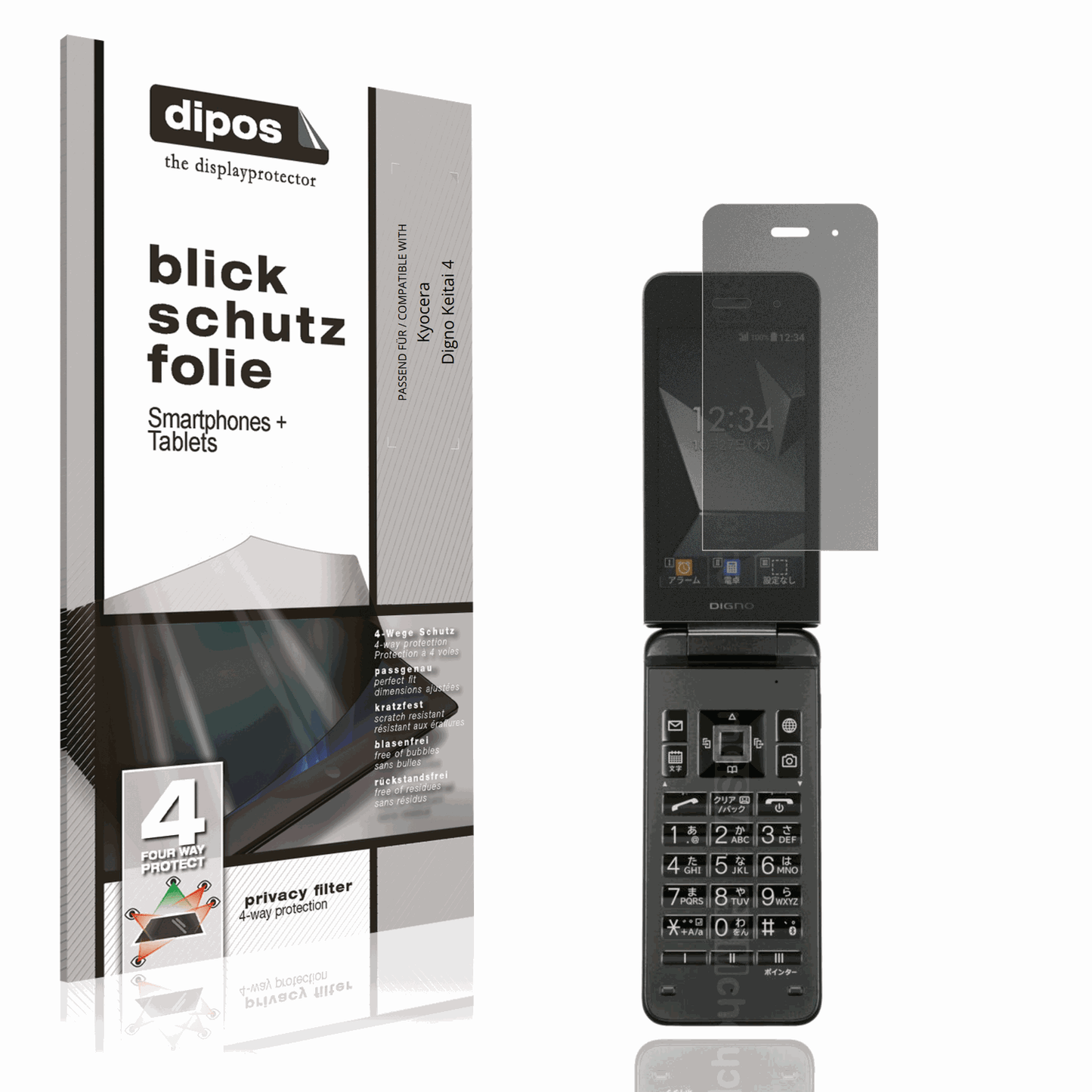 Blickschutzfolie von dipos passend für Kyocera Digno Keitai 4, präziser Zuschnitt und blasenfrei montiert