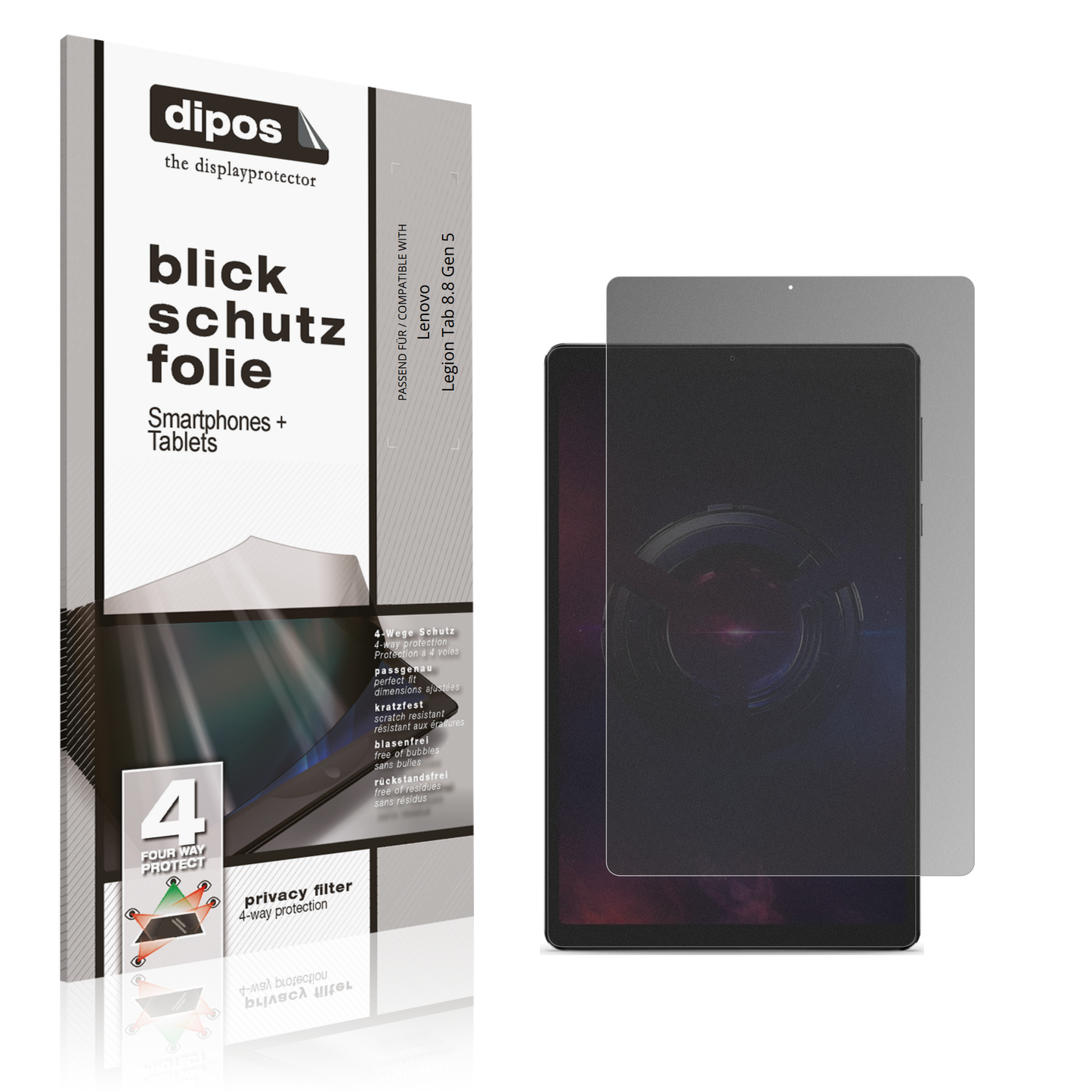 Blickschutzfolie von dipos passend für Lenovo Legion Tab 8.8 Gen 5, präziser Zuschnitt und blasenfrei montiert