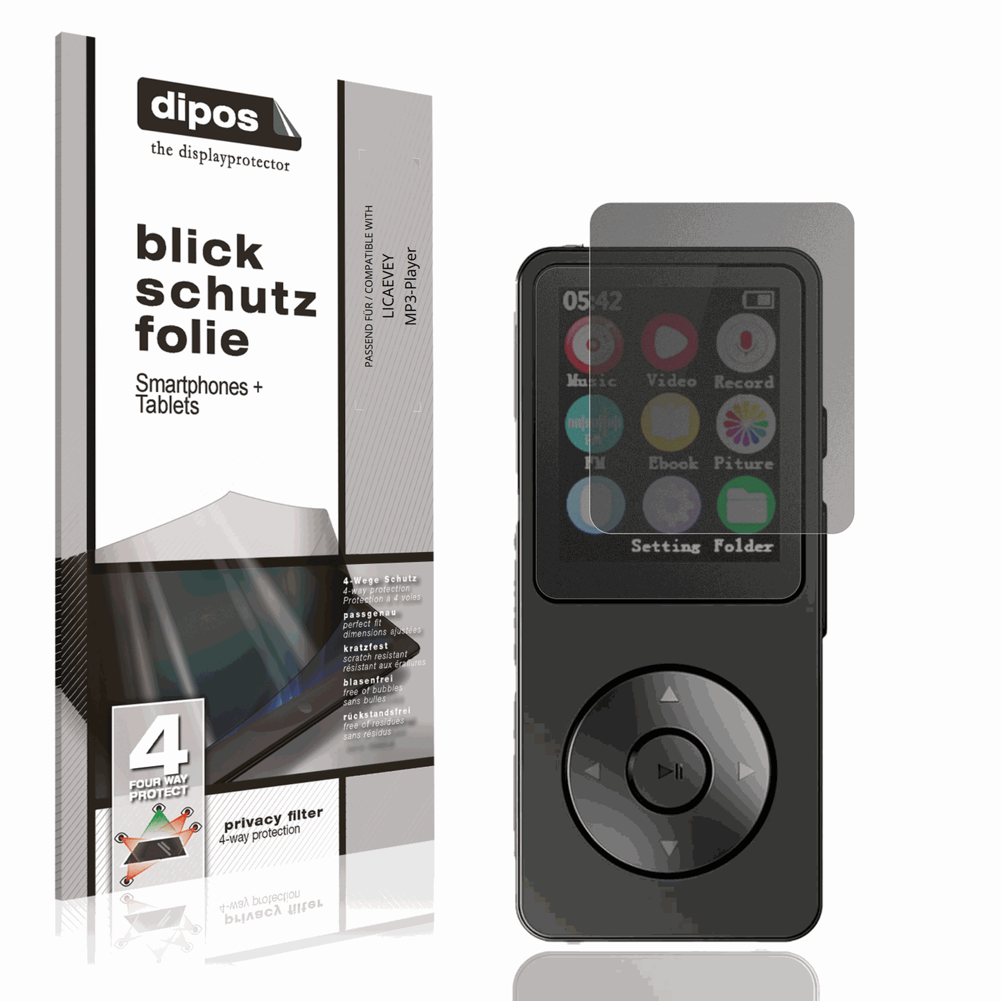 Blickschutzfolie von dipos passend für LICAEVEY MP3-Player, präziser Zuschnitt und blasenfrei montiert