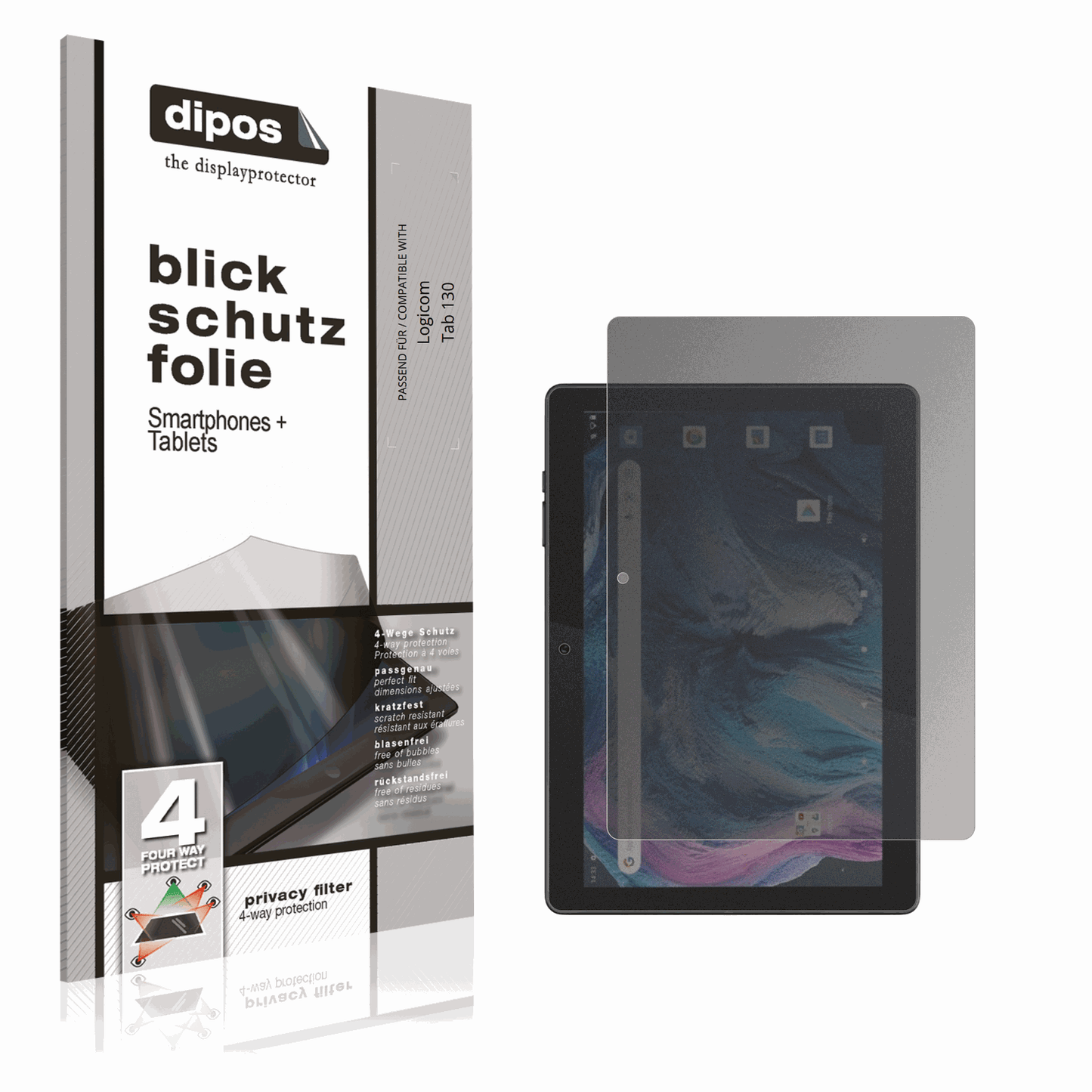 Blickschutzfolie von dipos passend für Logicom Tab 130, präziser Zuschnitt und blasenfrei montiert