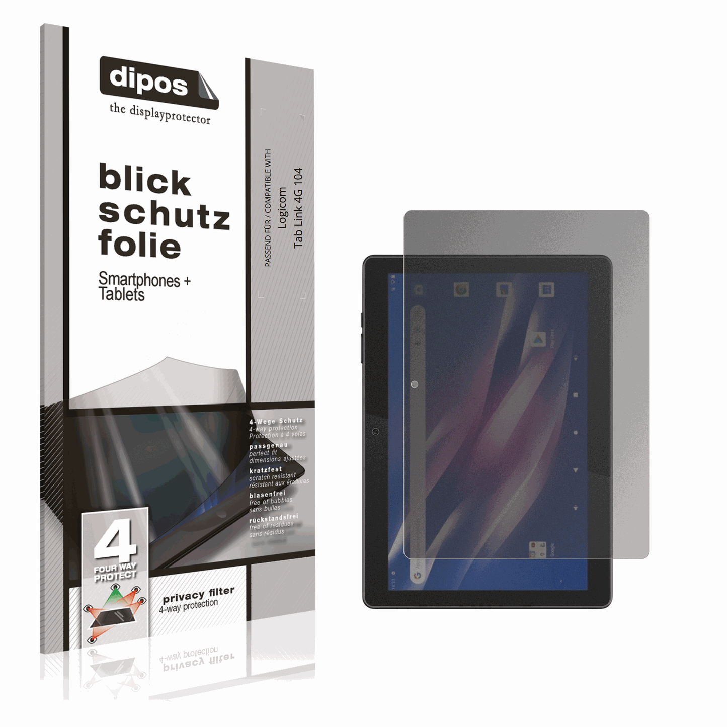 Blickschutzfolie von dipos passend für Logicom Tab Link 4G 104, präziser Zuschnitt und blasenfrei montiert