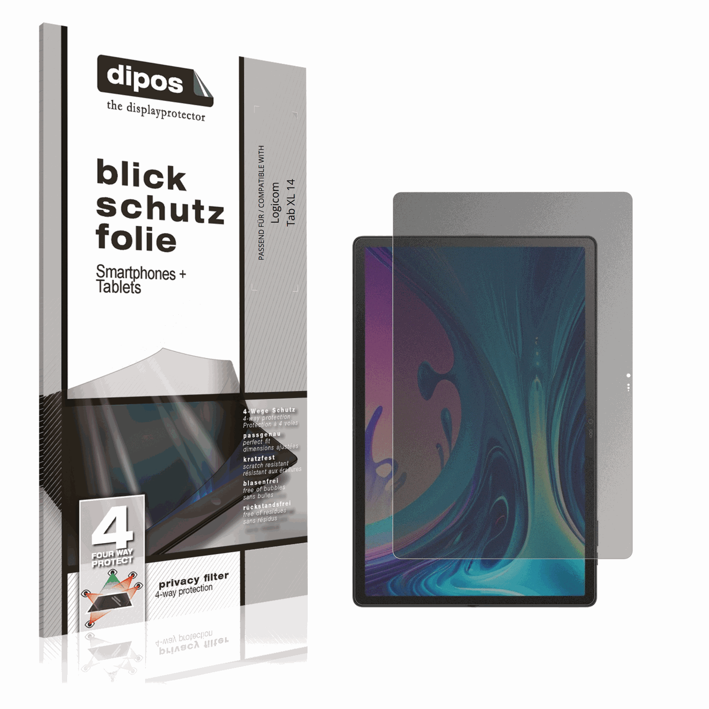 Blickschutzfolie von dipos passend für Logicom Tab XL 14, präziser Zuschnitt und blasenfrei montiert