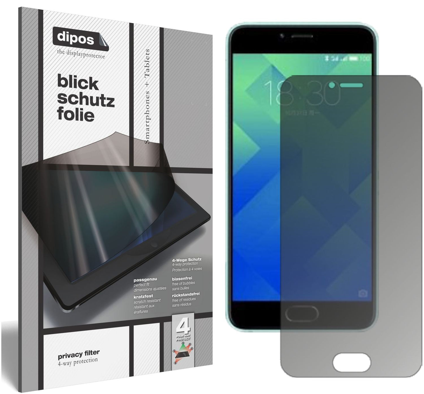 Blickschutzfolie von dipos passend für Meizu M5 Note, präziser Zuschnitt und blasenfrei montiert
