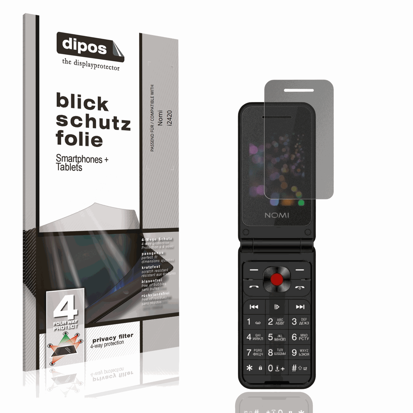 Blickschutzfolie von dipos passend für Nomi i2420, präziser Zuschnitt und blasenfrei montiert