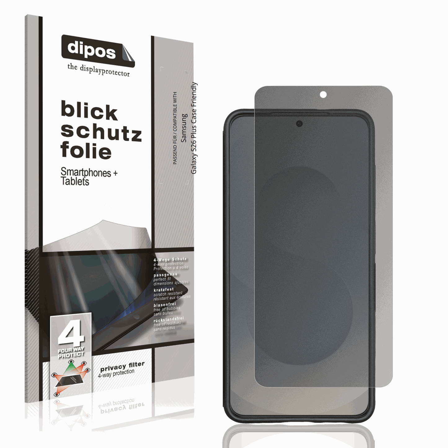 Blickschutzfolie von dipos passend für Samsung Galaxy S26 Plus Case Friendly, präziser Zuschnitt und blasenfrei montiert
