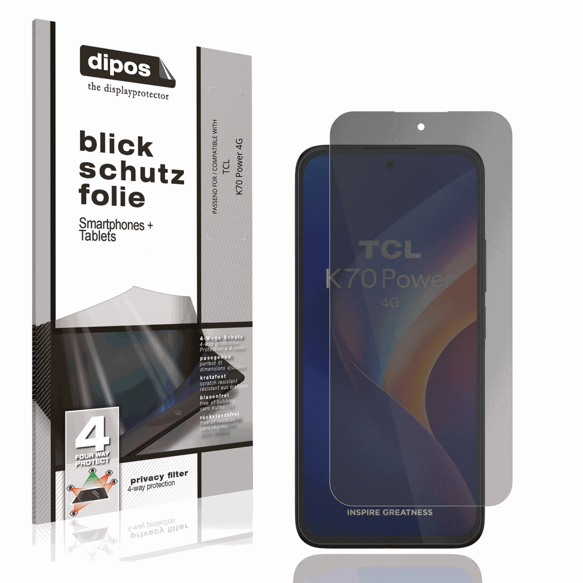 Blickschutzfolie von dipos passend f�r TCL K70 Power 4G, pr�ziser Zuschnitt und blasenfrei montiert