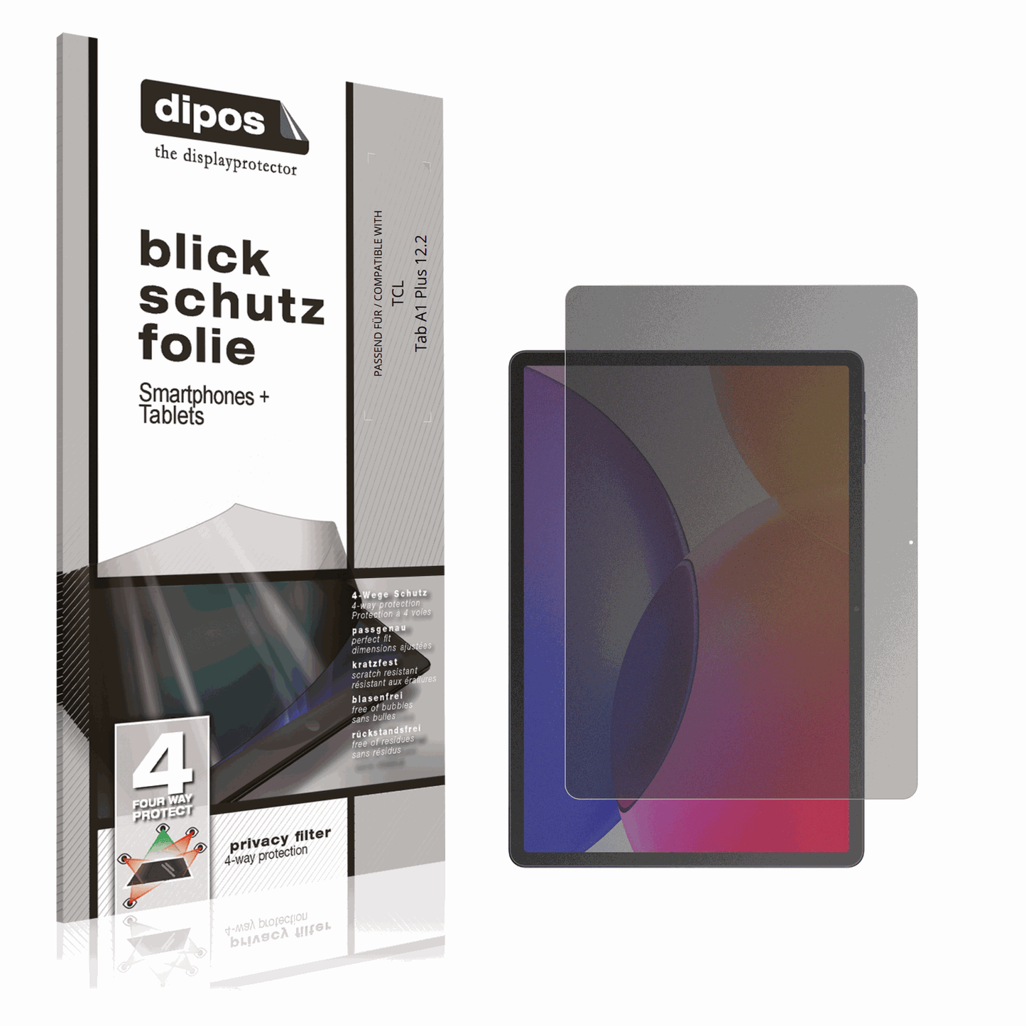 Blickschutzfolie von dipos passend für TCL Tab A1 Plus 12.2, präziser Zuschnitt und blasenfrei montiert