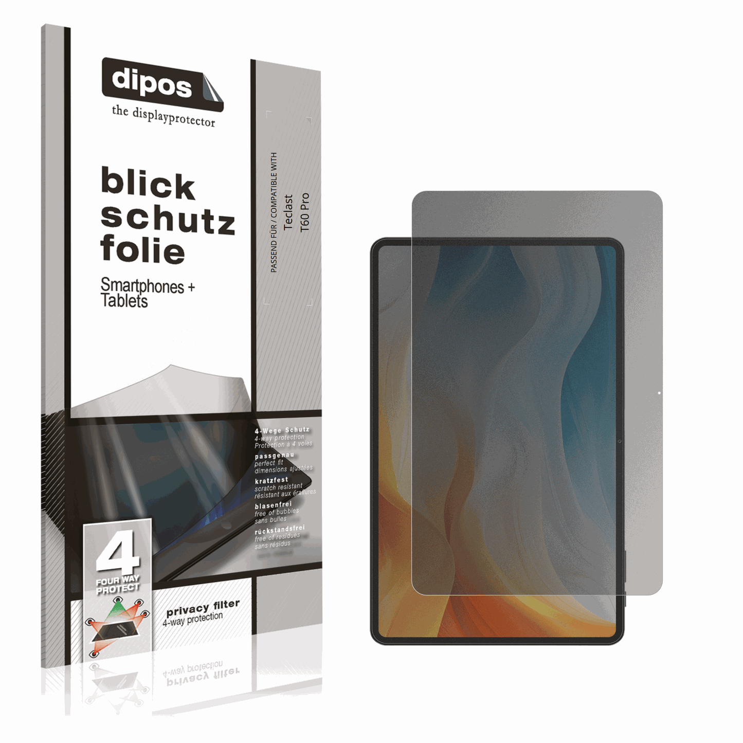 Blickschutzfolie von dipos passend f�r Teclast T60 Pro, pr�ziser Zuschnitt und blasenfrei montiert