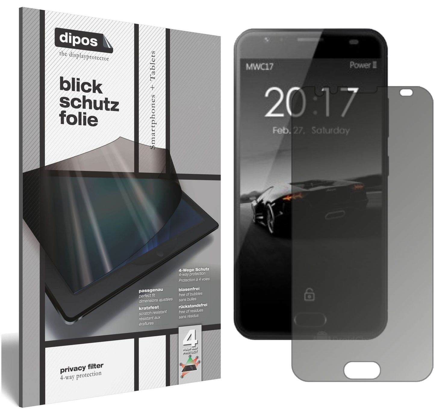 Blickschutzfolie von dipos passend für Ulefone Power 2, präziser Zuschnitt und blasenfrei montiert