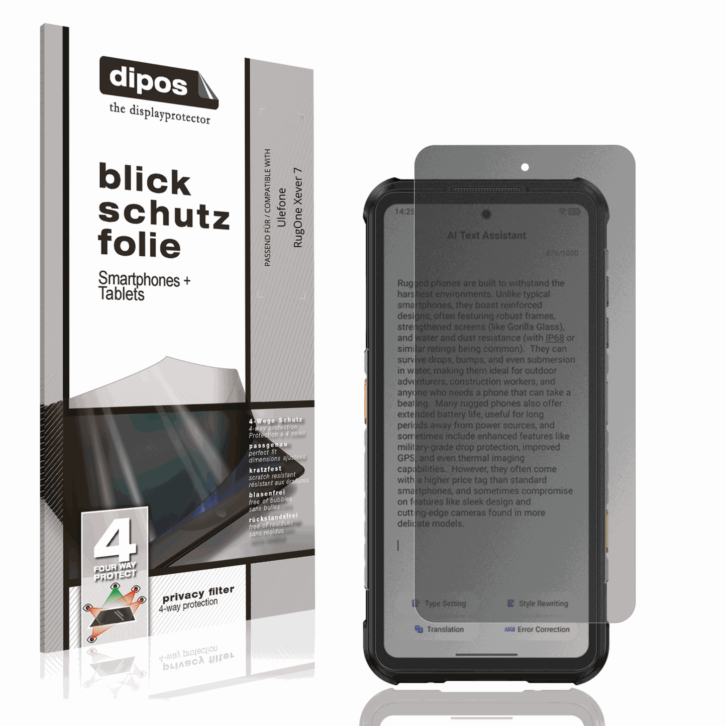 Blickschutzfolie von dipos passend für Ulefone RugOne Xever 7, präziser Zuschnitt und blasenfrei montiert