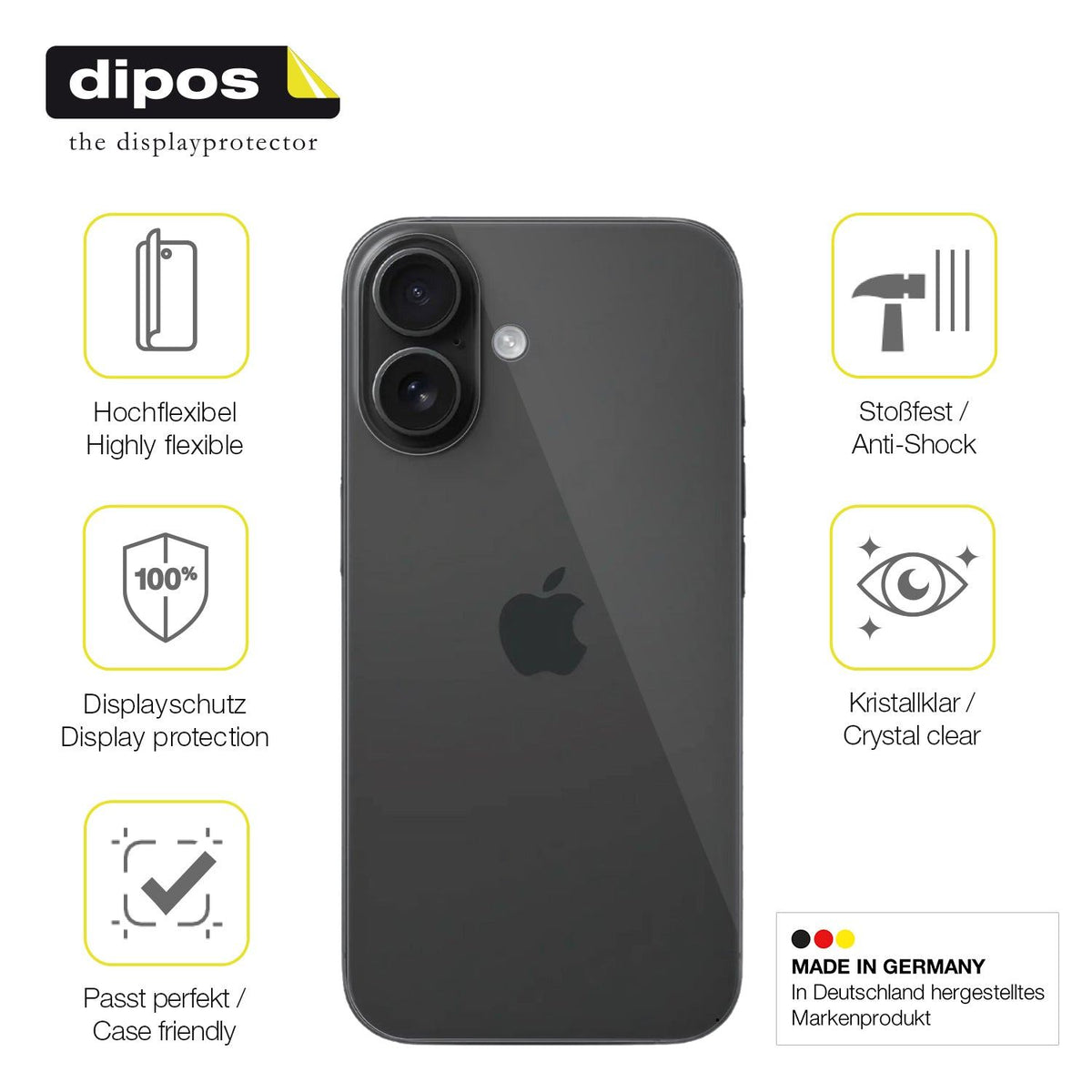 2x 3D Full Cover Schutzfolie für Apple iPhone 16 Rückseite