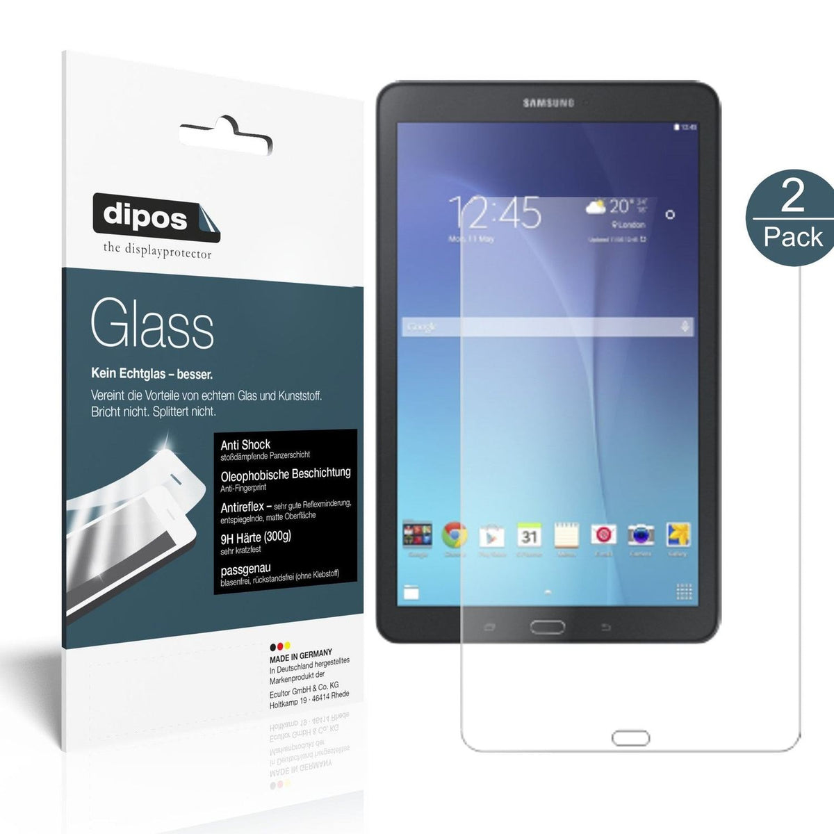 SamsungGalaxy Tab E 9.6 mit aufgebrachter dipos Panzerfolie, die lästige Fingerabdrücke minimiert