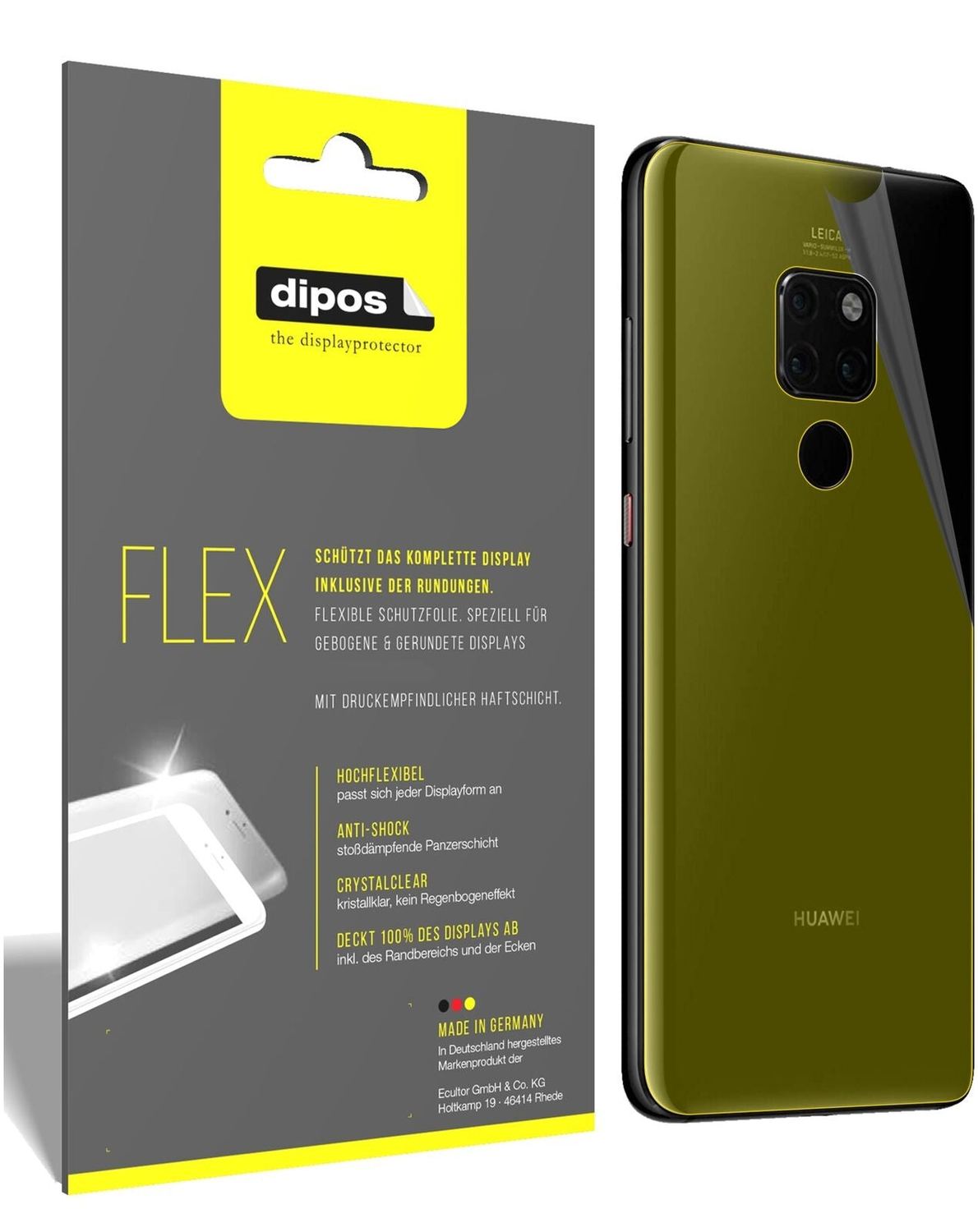 HuaweiMate 20 Rückseite mit aufgebrachter dipos Displayschutzfolie, glasklare Darstellung ohne Einschränkungen