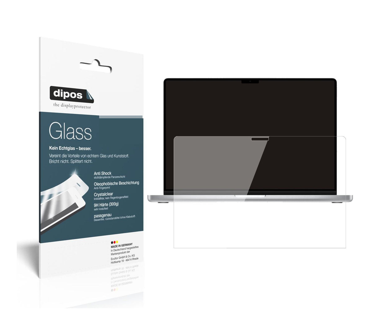 Klare Displayschutzfolie von dipos passend für Apple MacBook Pro 16 Zoll (2021), 9H kratzfest und blasenfrei montiert