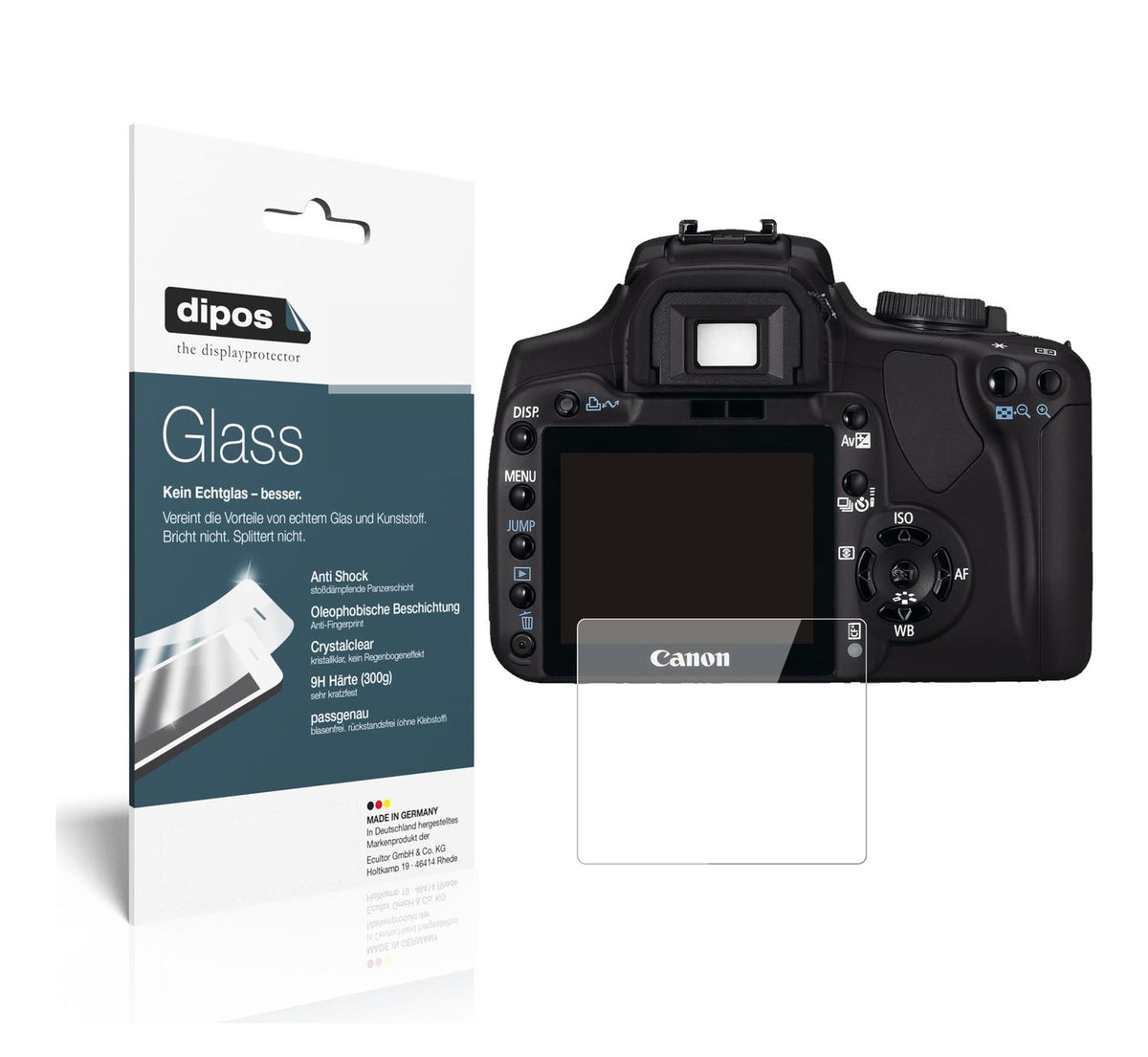 Klare Displayschutzfolie von dipos passend für Canon EOS 400D, 9H kratzfest und blasenfrei montiert