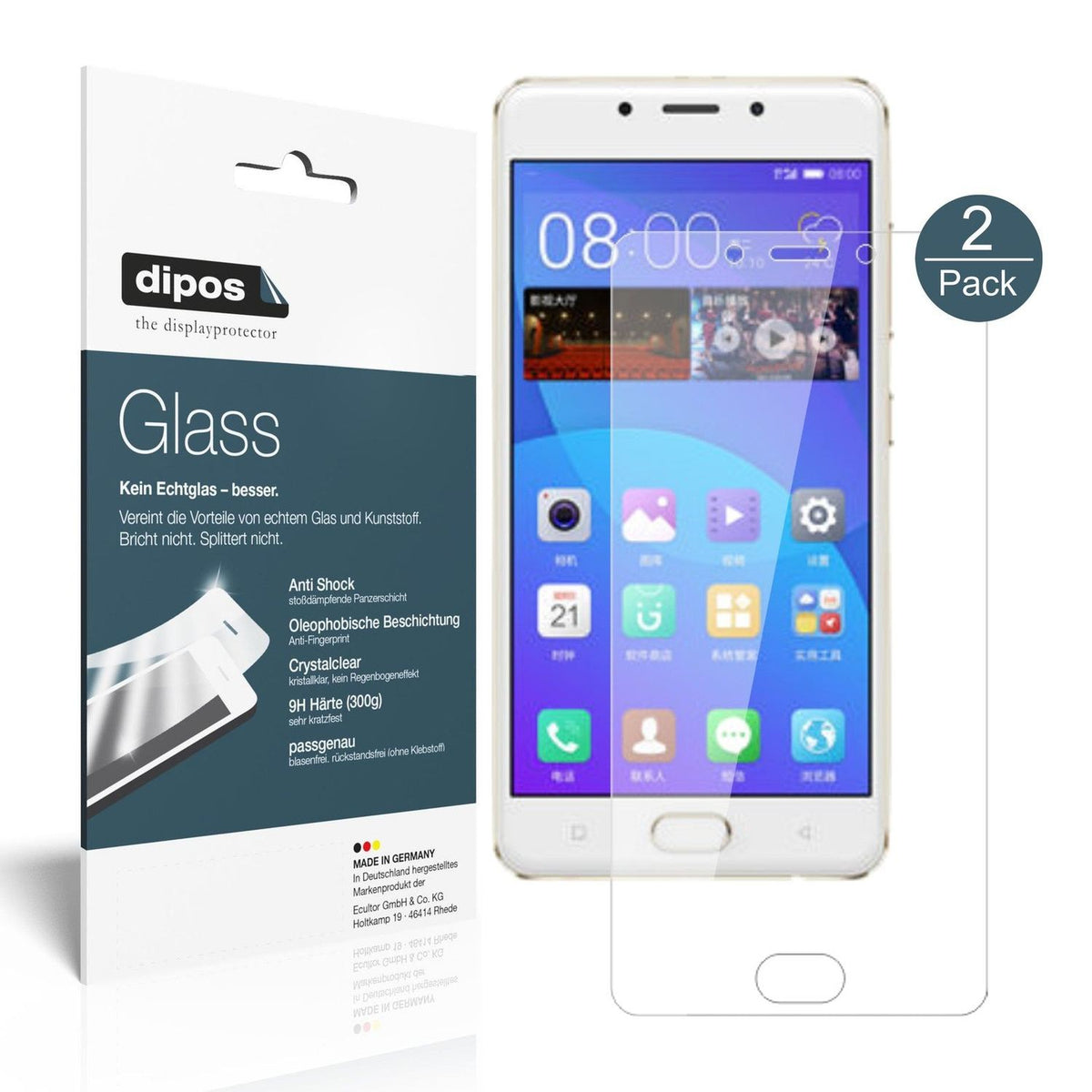 Klare Displayschutzfolie von dipos passend für Gionee F5, 9H kratzfest und blasenfrei montiert