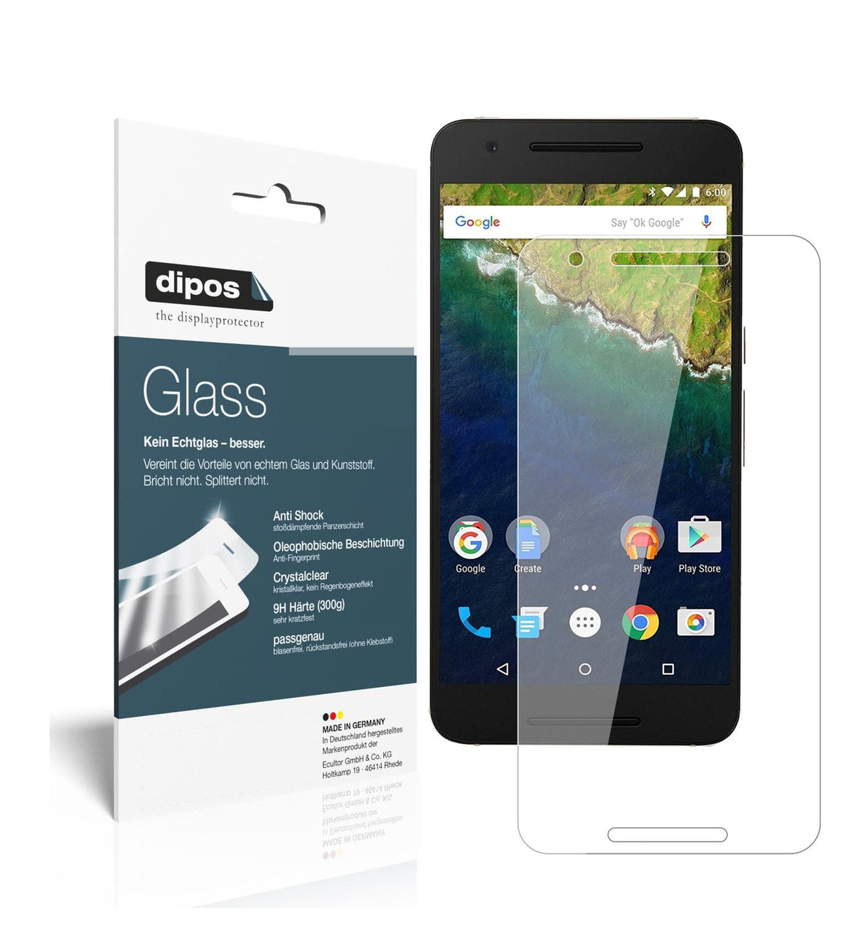 Klare Displayschutzfolie von dipos passend für Google Nexus 6P, 9H kratzfest und blasenfrei montiert