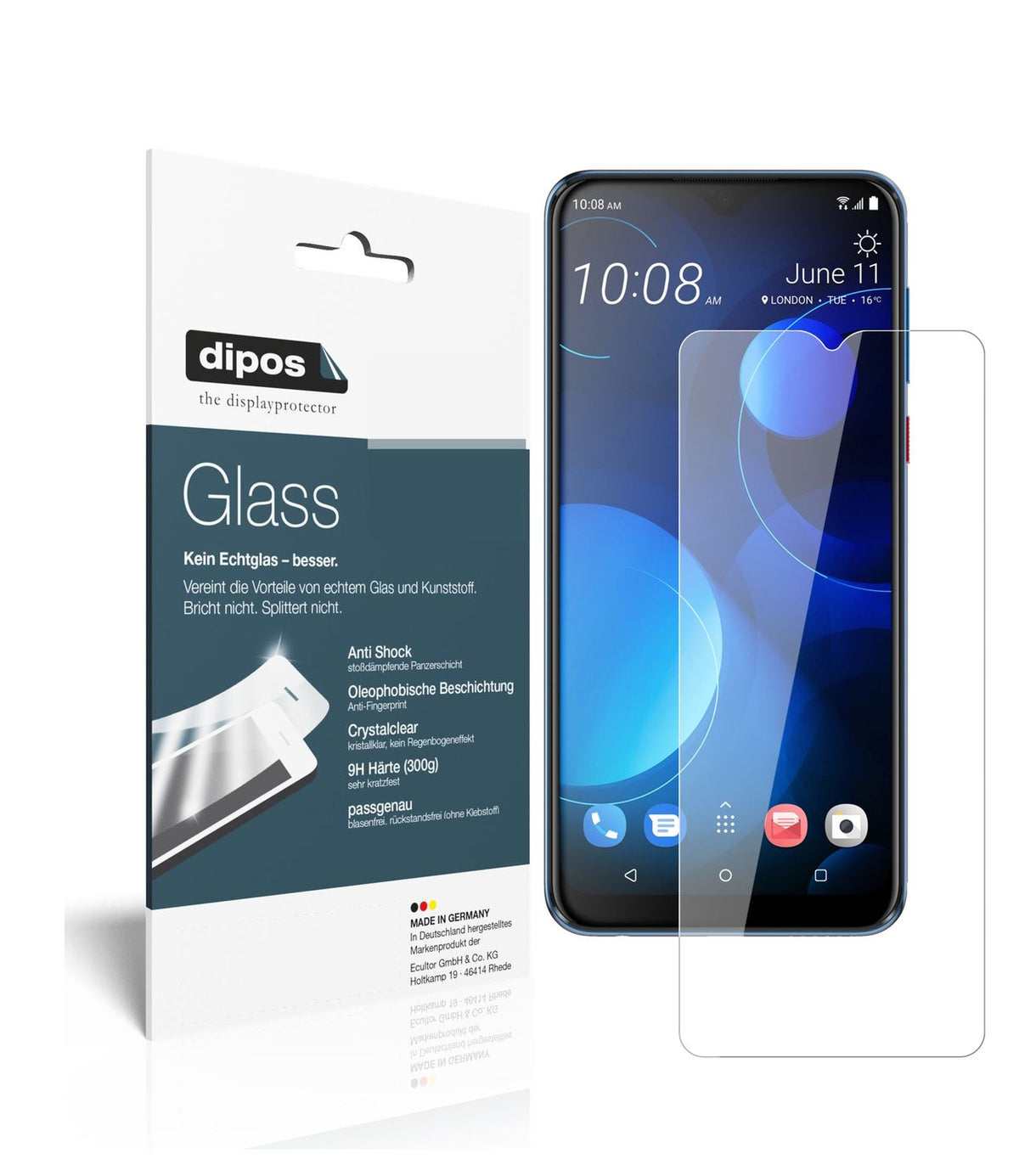 Klare Displayschutzfolie von dipos passend für HTC Desire 19 Plus, 9H kratzfest und blasenfrei montiert
