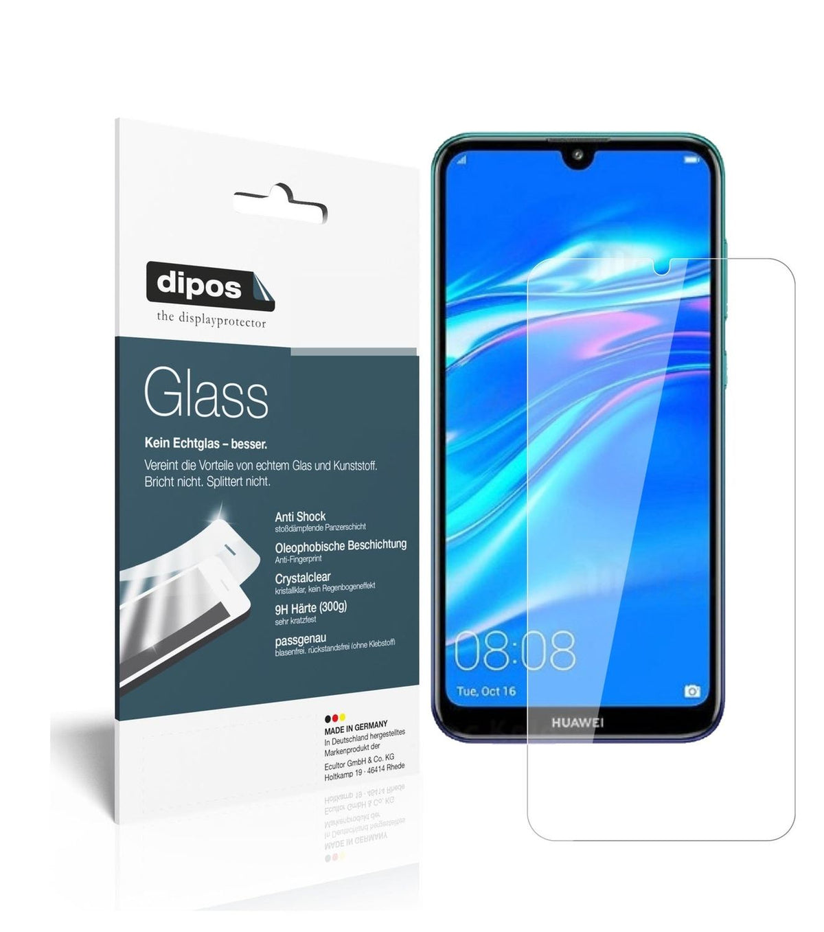 Klare Displayschutzfolie von dipos passend für Huawei Y7 Pro (2019), 9H kratzfest und blasenfrei montiert