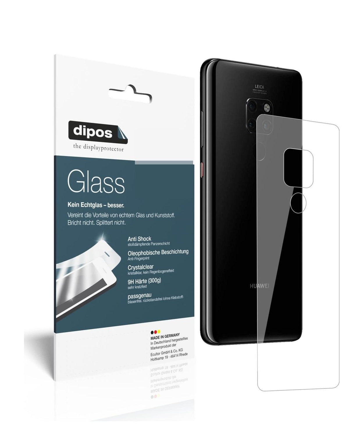 Klare Displayschutzfolie von dipos passend für Huawei Mate 20 Rückseite, 9H kratzfest und blasenfrei montiert