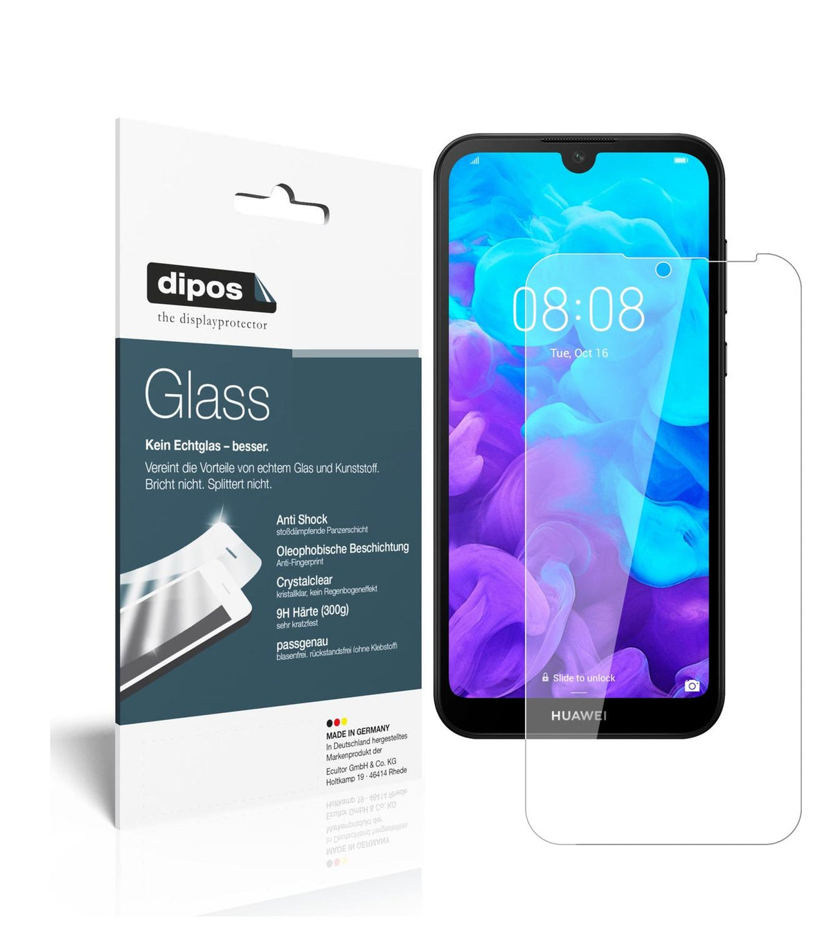 Klare Displayschutzfolie von dipos passend für Huawei Y5 (2019), 9H kratzfest und blasenfrei montiert