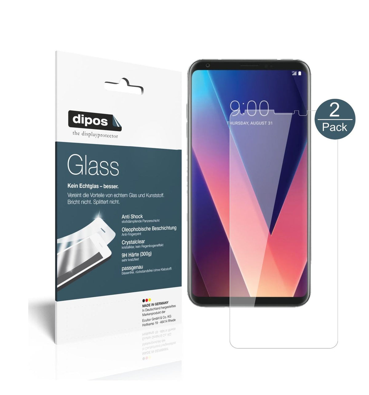 Klare Displayschutzfolie von dipos passend für LG V30 Plus, 9H kratzfest und blasenfrei montiert