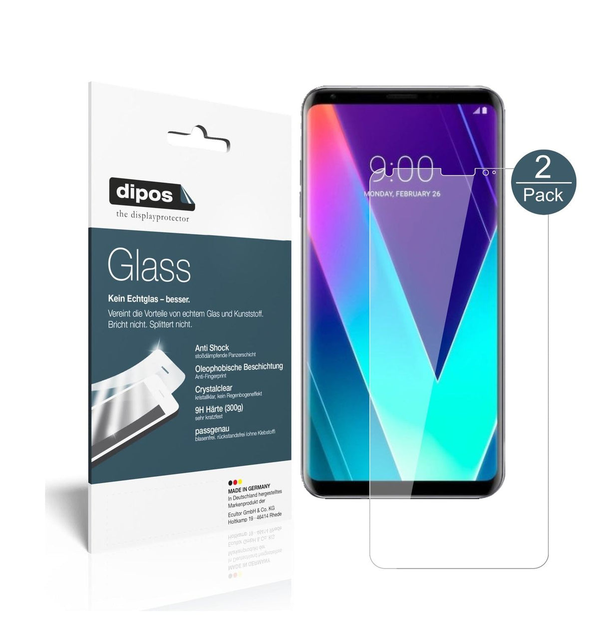 Klare Displayschutzfolie von dipos passend für LG V30S ThinQ, 9H kratzfest und blasenfrei montiert