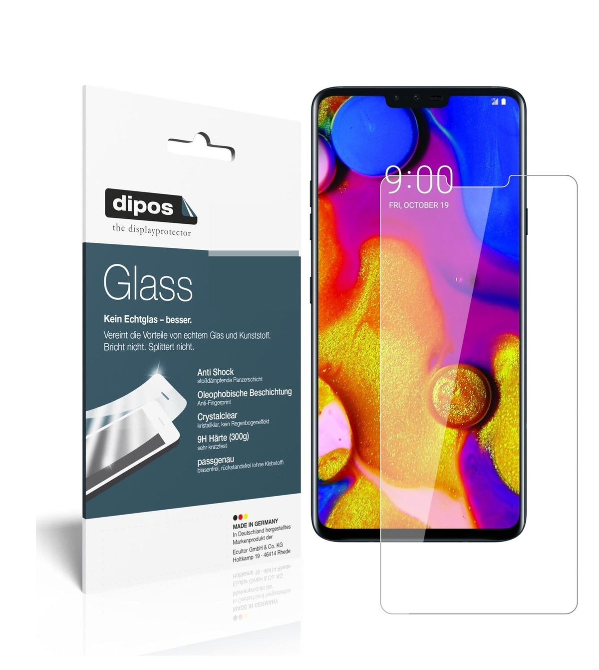 Klare Displayschutzfolie von dipos passend für LG V40 ThinQ, 9H kratzfest und blasenfrei montiert