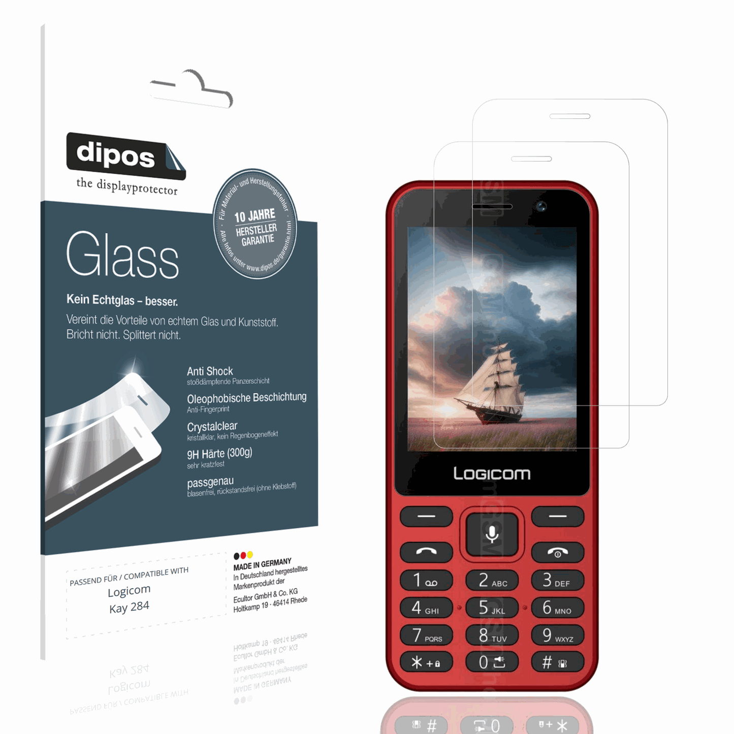Klare Displayschutzfolie von dipos passend für Logicom Kay 284, 9H kratzfest und blasenfrei montiert