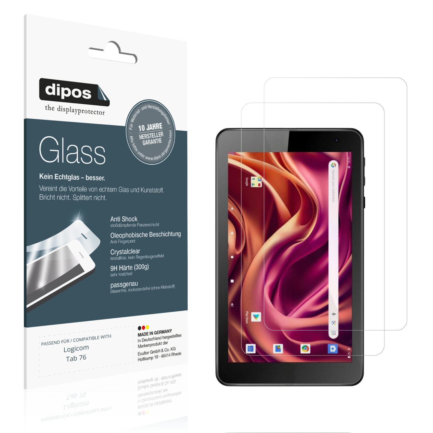 Klare Displayschutzfolie von dipos passend für Logicom Tab 76, 9H kratzfest und blasenfrei montiert