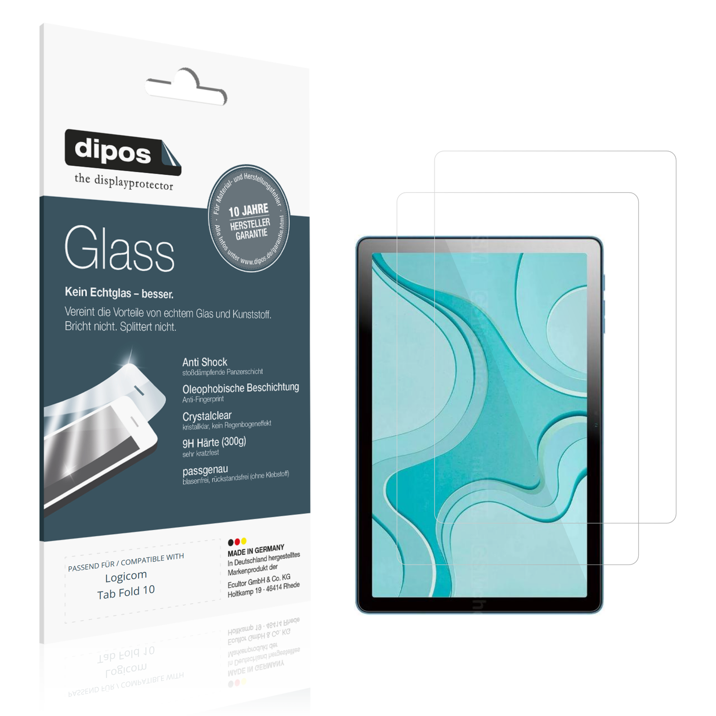 Klare Displayschutzfolie von dipos passend für Logicom Tab Fold 10, 9H kratzfest und blasenfrei montiert